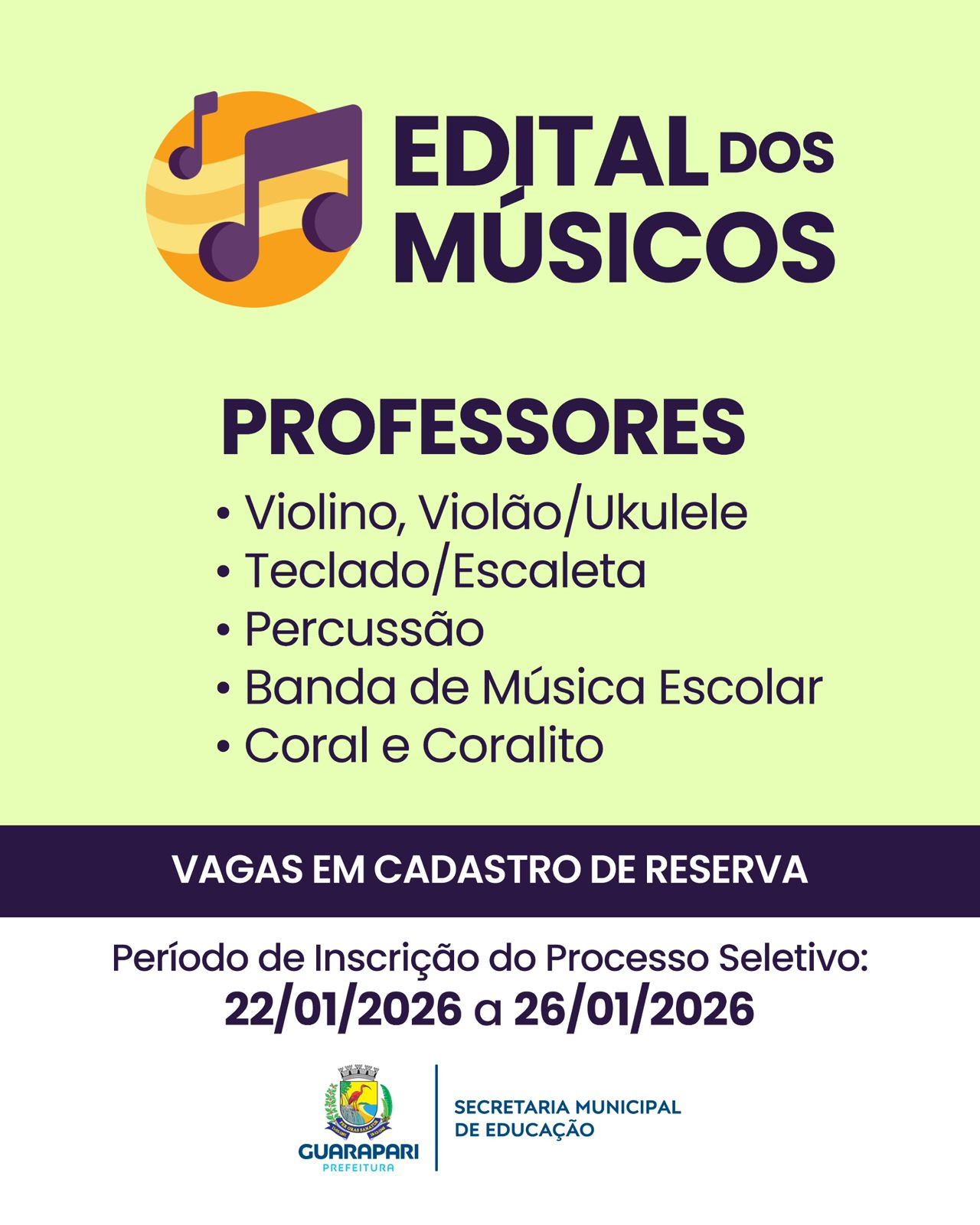 Prefeitura de Guarapari abre processo seletivo para contratação de professores de música