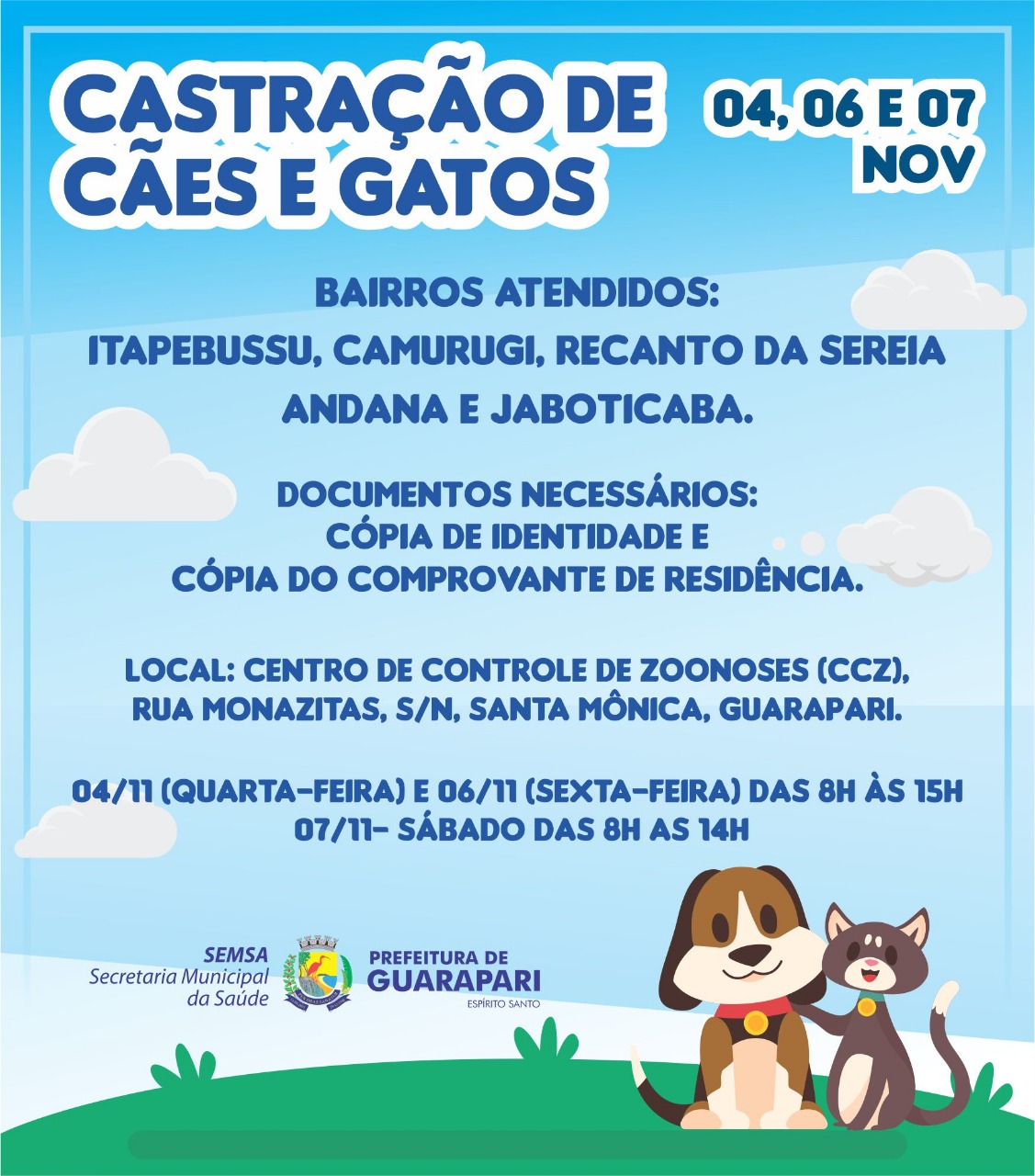 CCZ de Guarapari abre agendamento para castração de cães e gatos