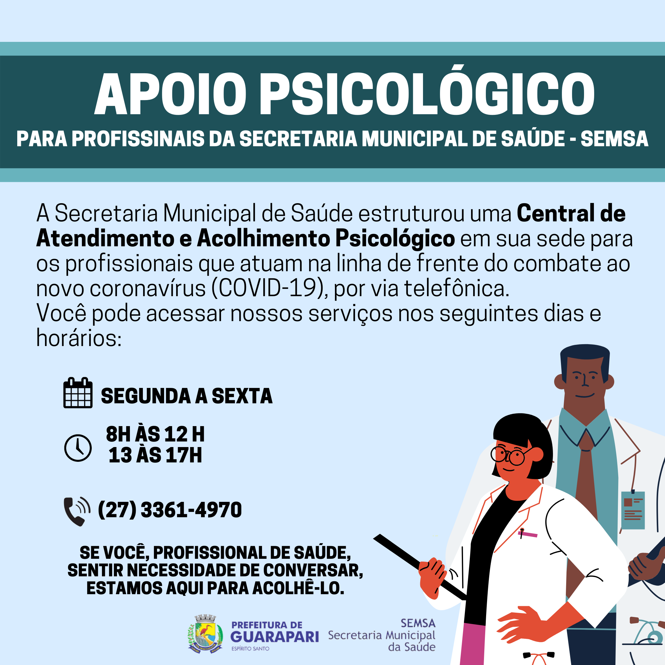 Prefeitura disponibiliza serviço psicológico para profissionais da saúde 