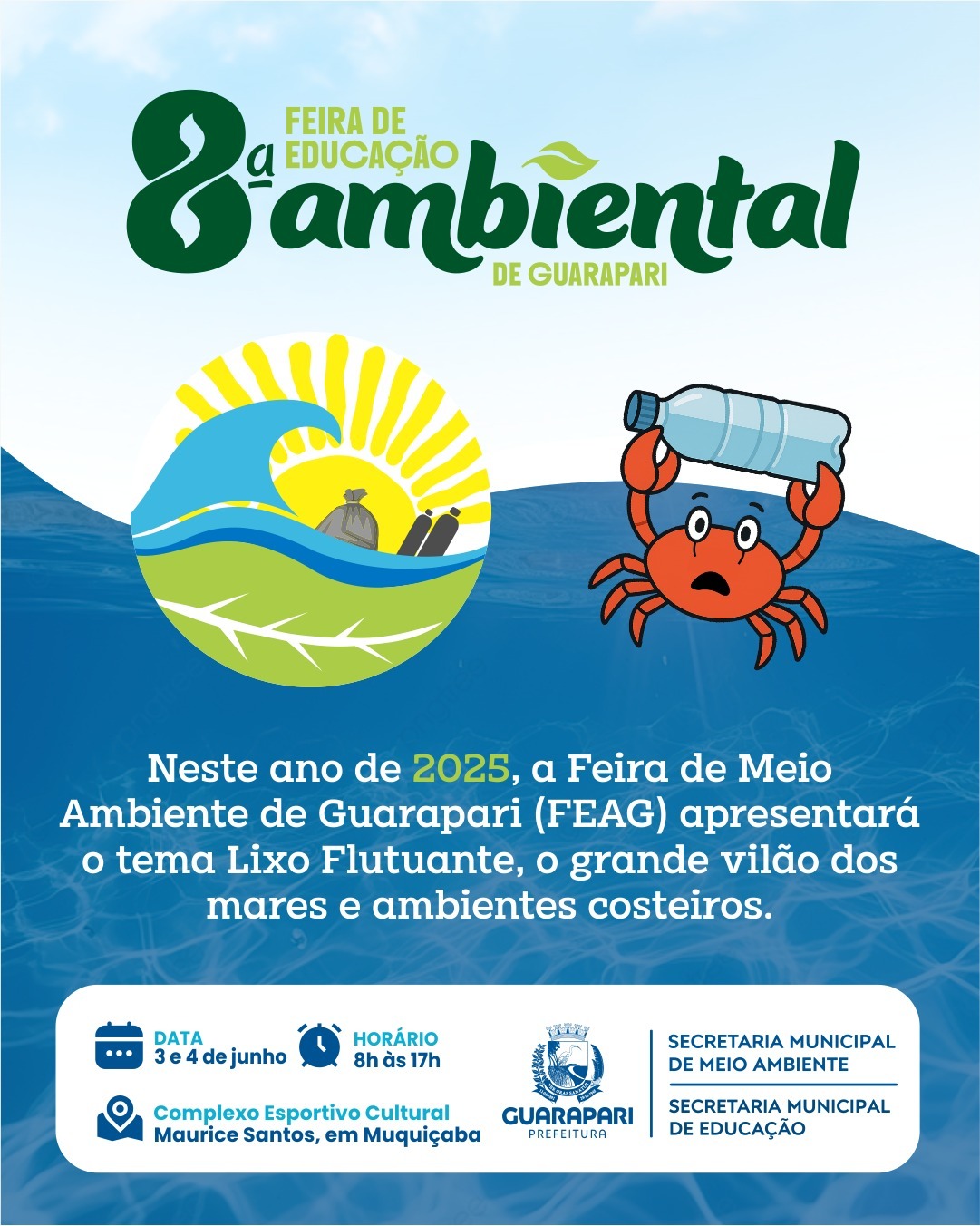 Lixo flutuante é tema da 8ª Feira de Educação Ambiental de Guarapari, que acontece nos dias 3 e 4 de junho