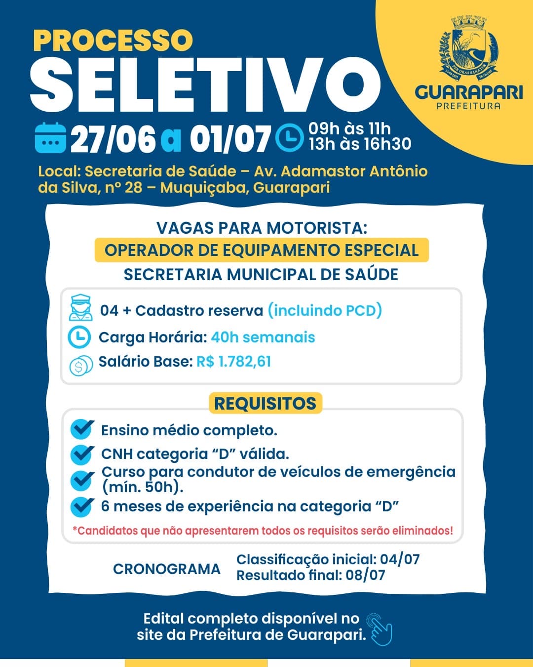 Prefeitura de Guarapari abre processo seletivo para contratação temporária de motoristas