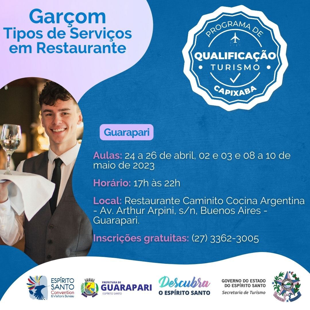 Estão abertas as inscrições para o Curso de Garçom - Tipos de Serviços em Restaurantes