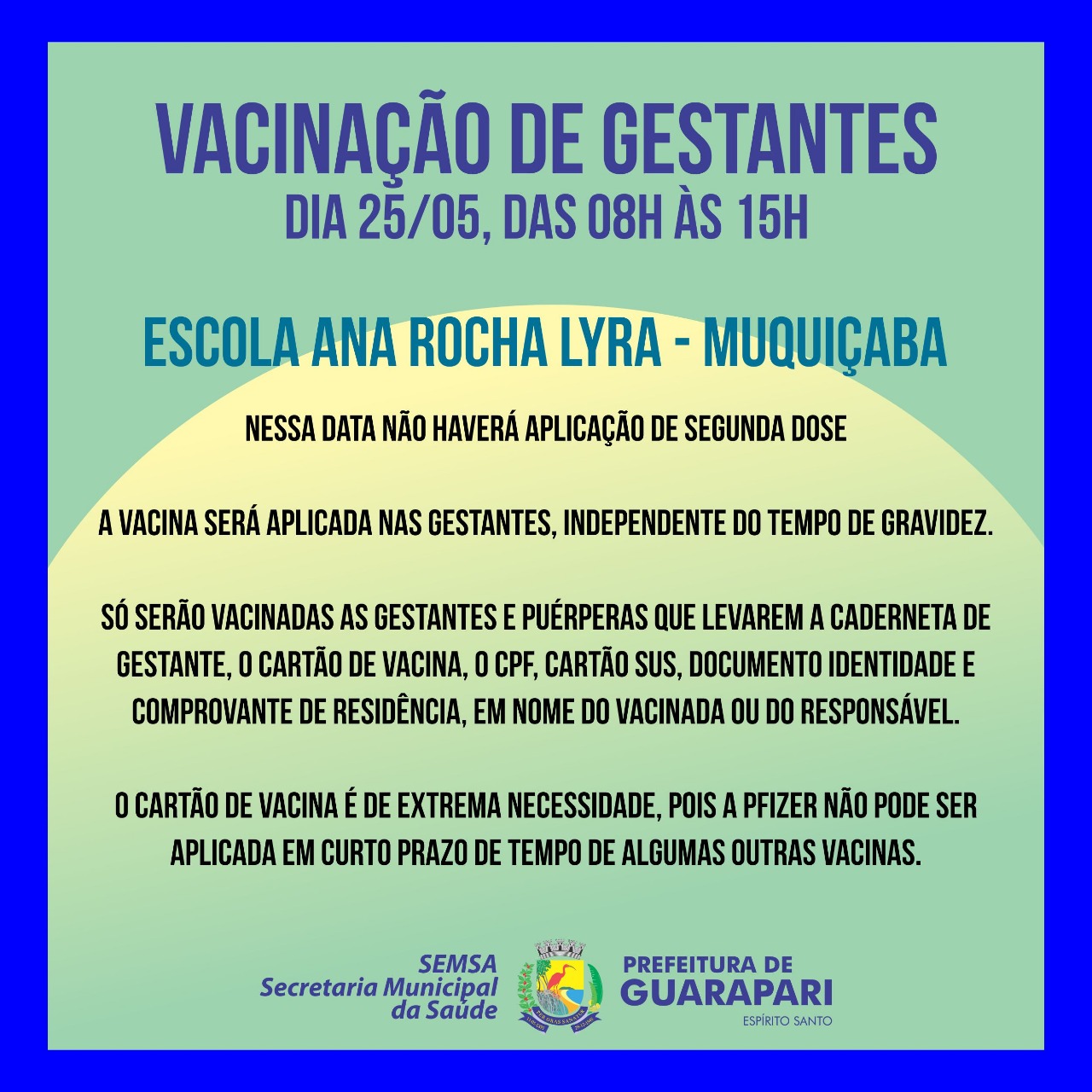 Prefeitura de Guarapari fará mais um dia de ação de vacinação para gestantes e puérperas no dia 25 de maio