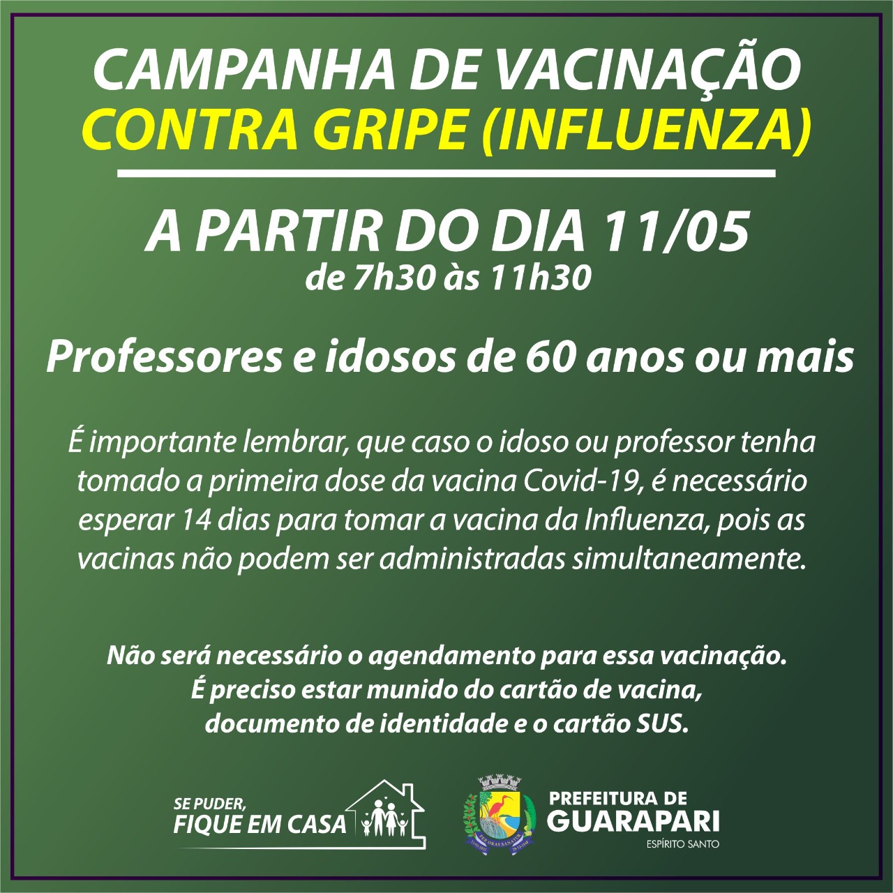 Vacinação contra Influenza para professores e idosos com mais de 60 anos inicia na próxima terça-feira (11)