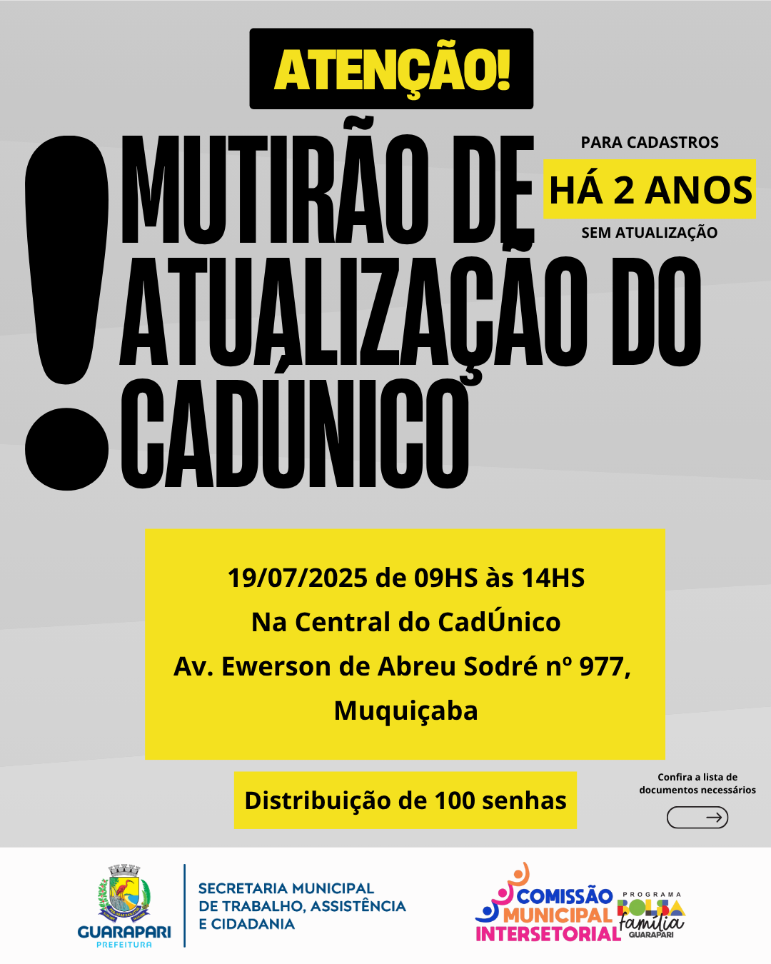 Prefeitura realiza mutirão para atualização do Cadastro Único no dia 19