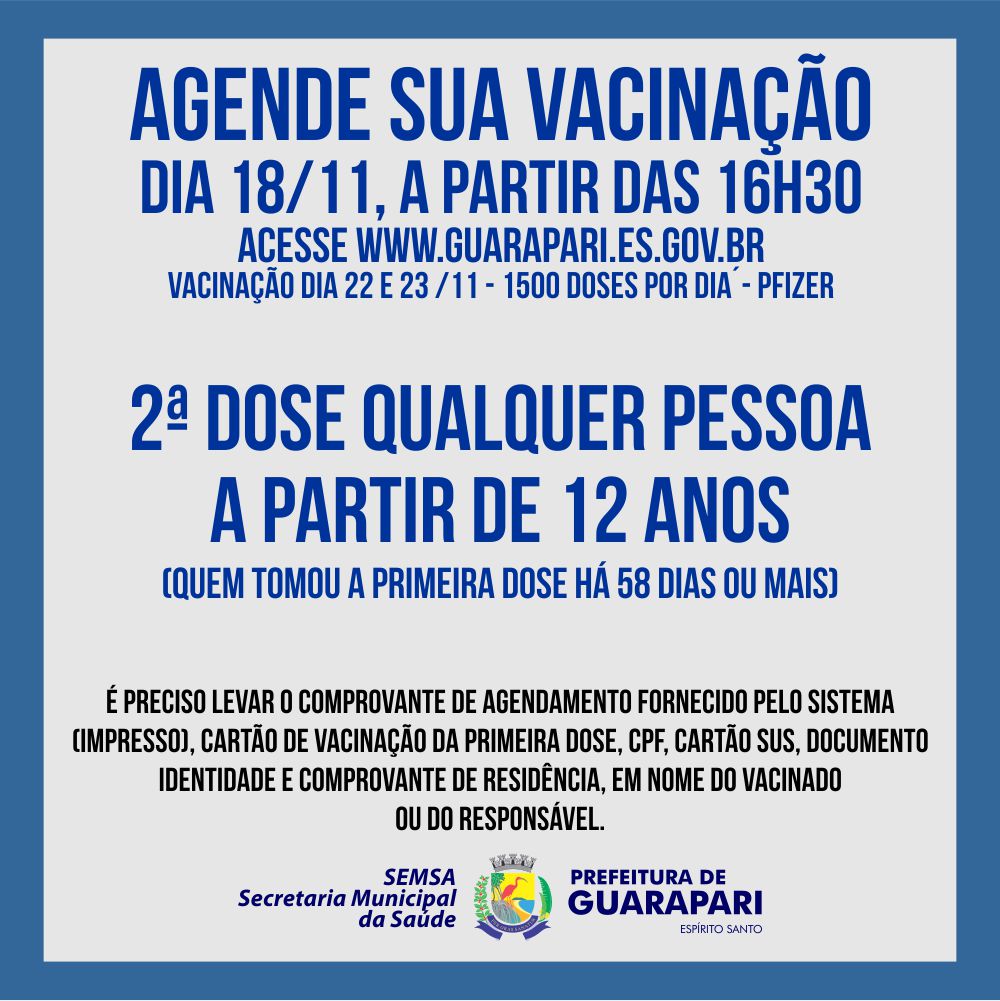 Prefeitura de Guarapari abre agendamento de segunda dose da vacina contra a Covid-19 para pessoas a partir de 12 anos