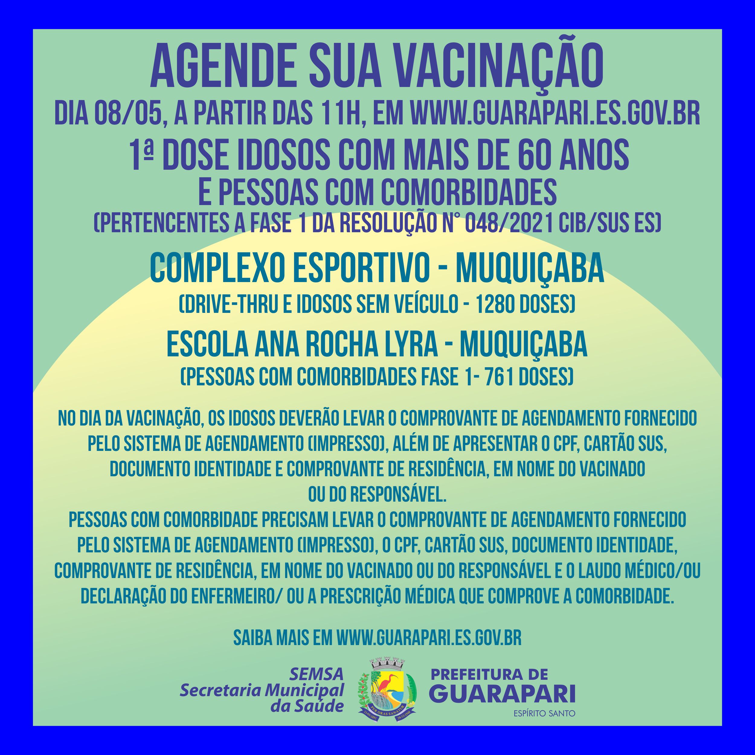 Covid-19: Prefeitura de Guarapari abre agendamento para aplicação da primeira dose em pessoas com comorbidades e idosos acima de 60 anos neste sábado