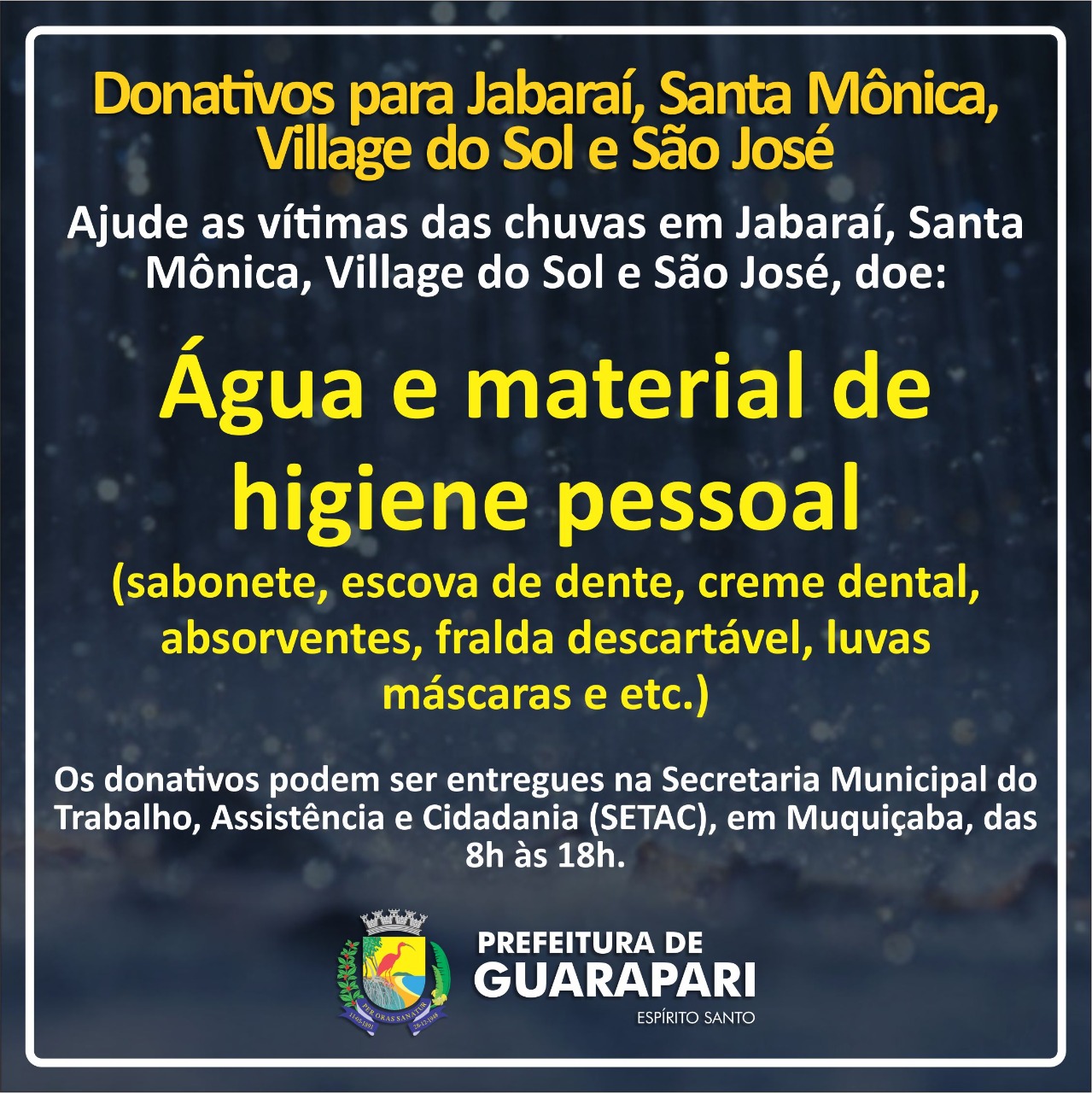 Prefeitura de Guarapari arrecada donativos para vítimas das chuvas no município 