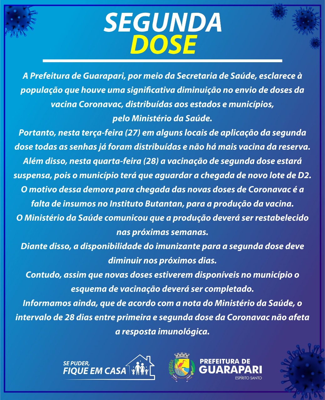 Comunicado - Segunda dose da vacina Coronavac