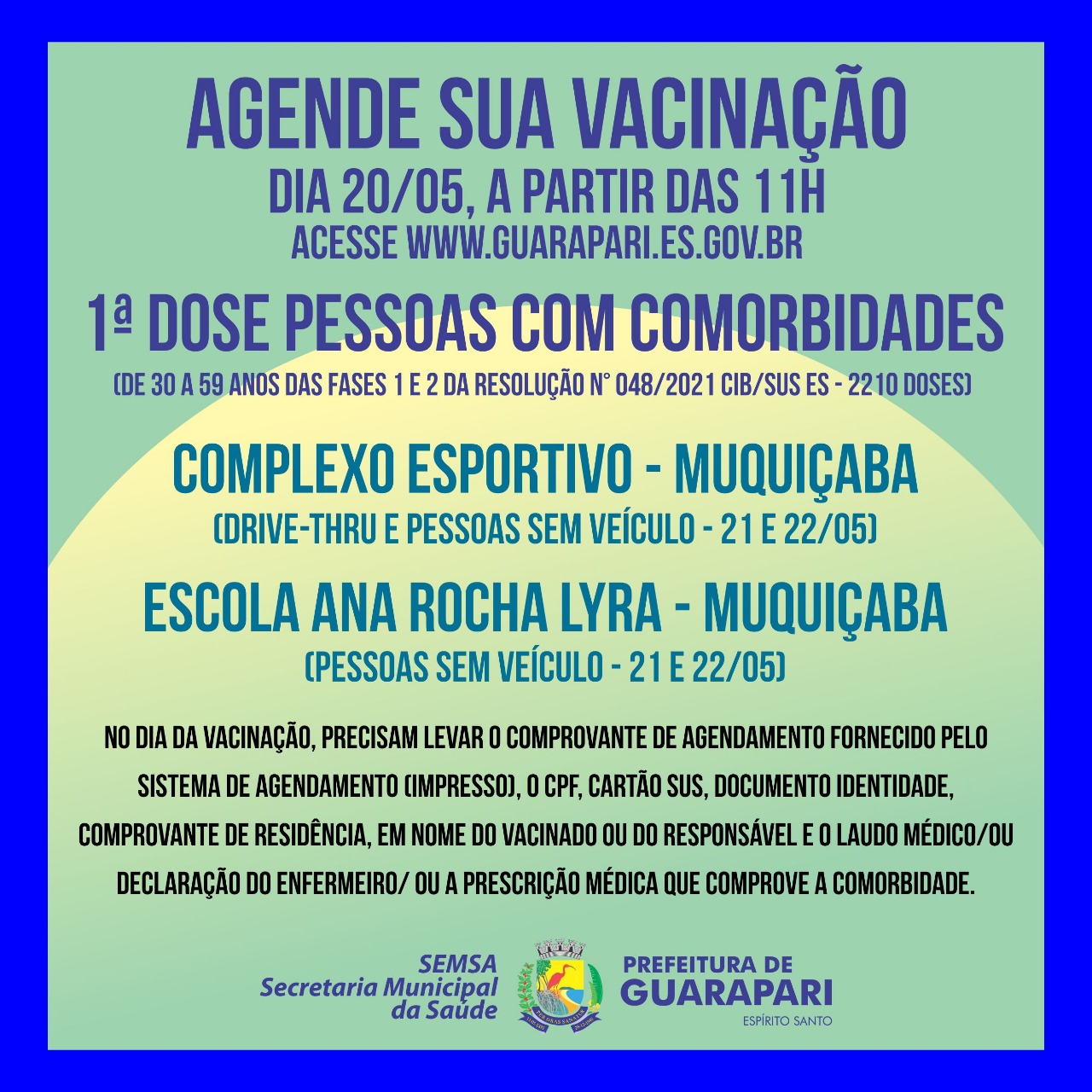 Covid-19: Prefeitura de Guarapari abre agendamento para primeira dose em pessoas com comorbidades de 30 a 59 anos