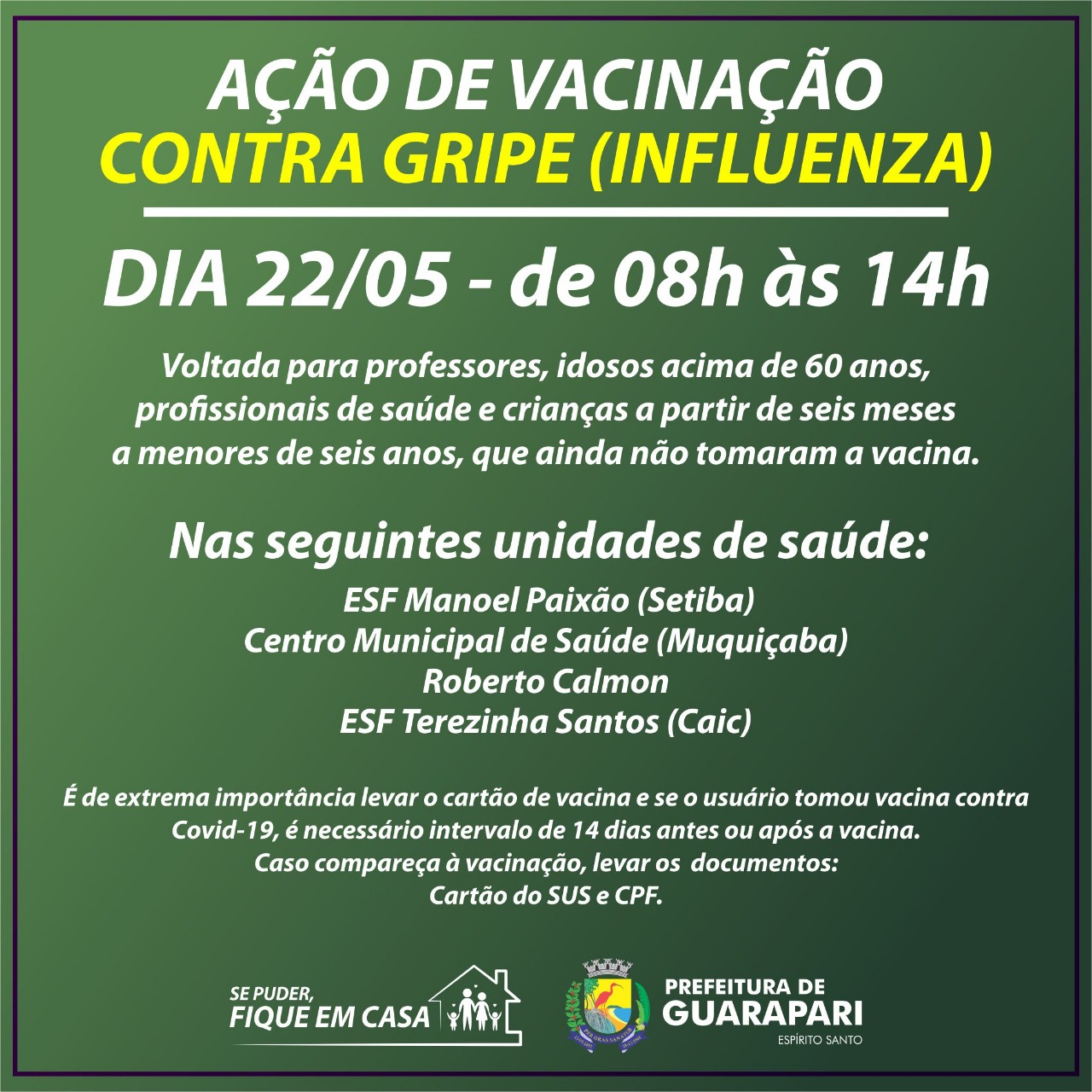 Sábado acontece ação de vacinação contra gripe em diversas unidades de saúde Guarapari 