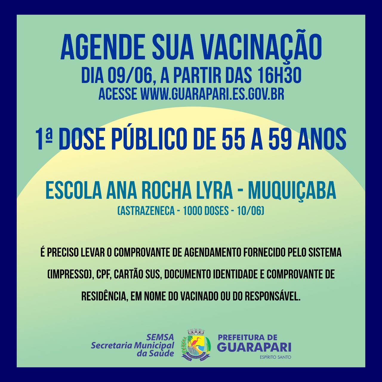 Covid-19: Nesta quarta-feira tem agendamento de vacinação para pessoas entre 55 e 59 anos em Guarapari  – Astrazeneca 