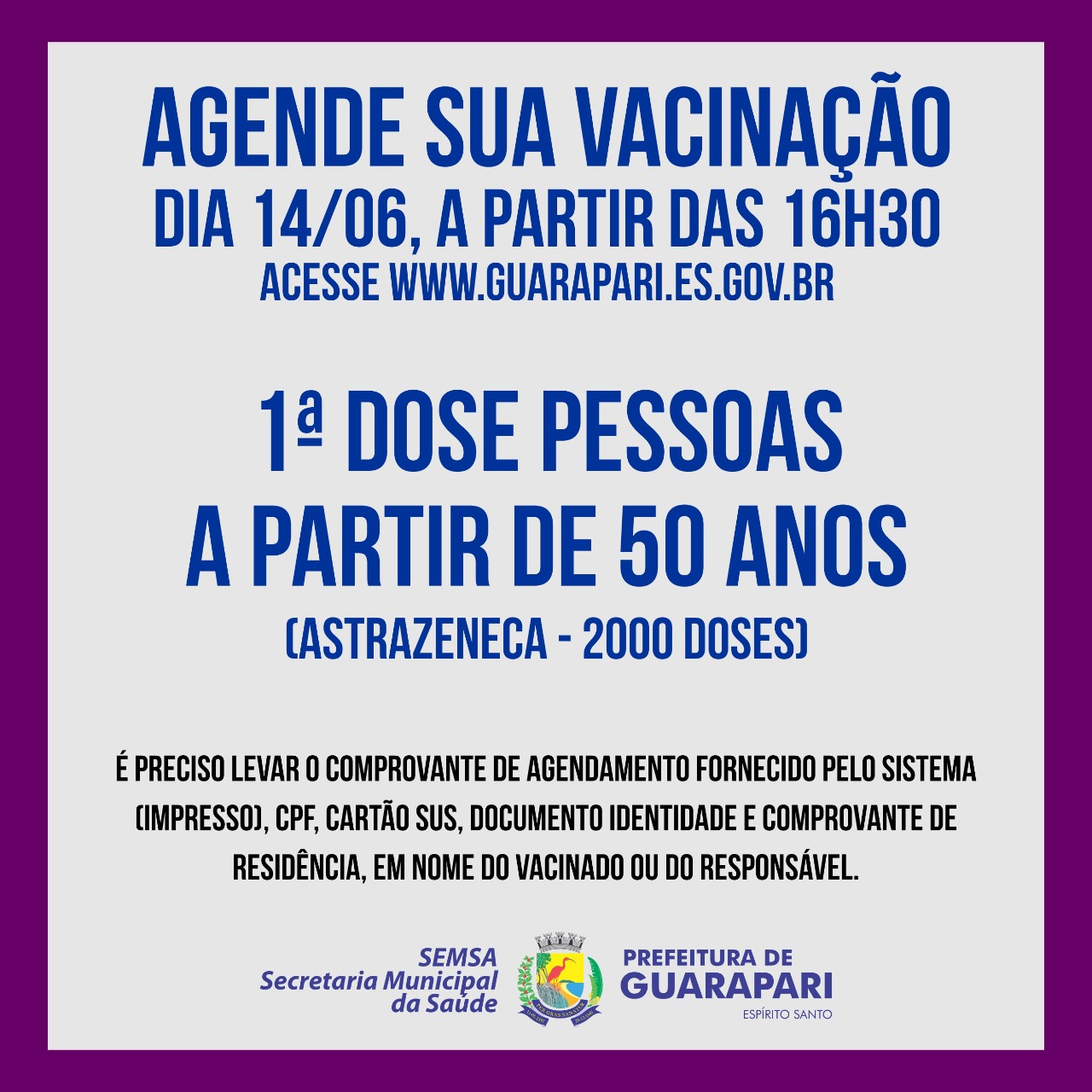 Prefeitura abre novo agendamento para pessoas acima de 50 anos 