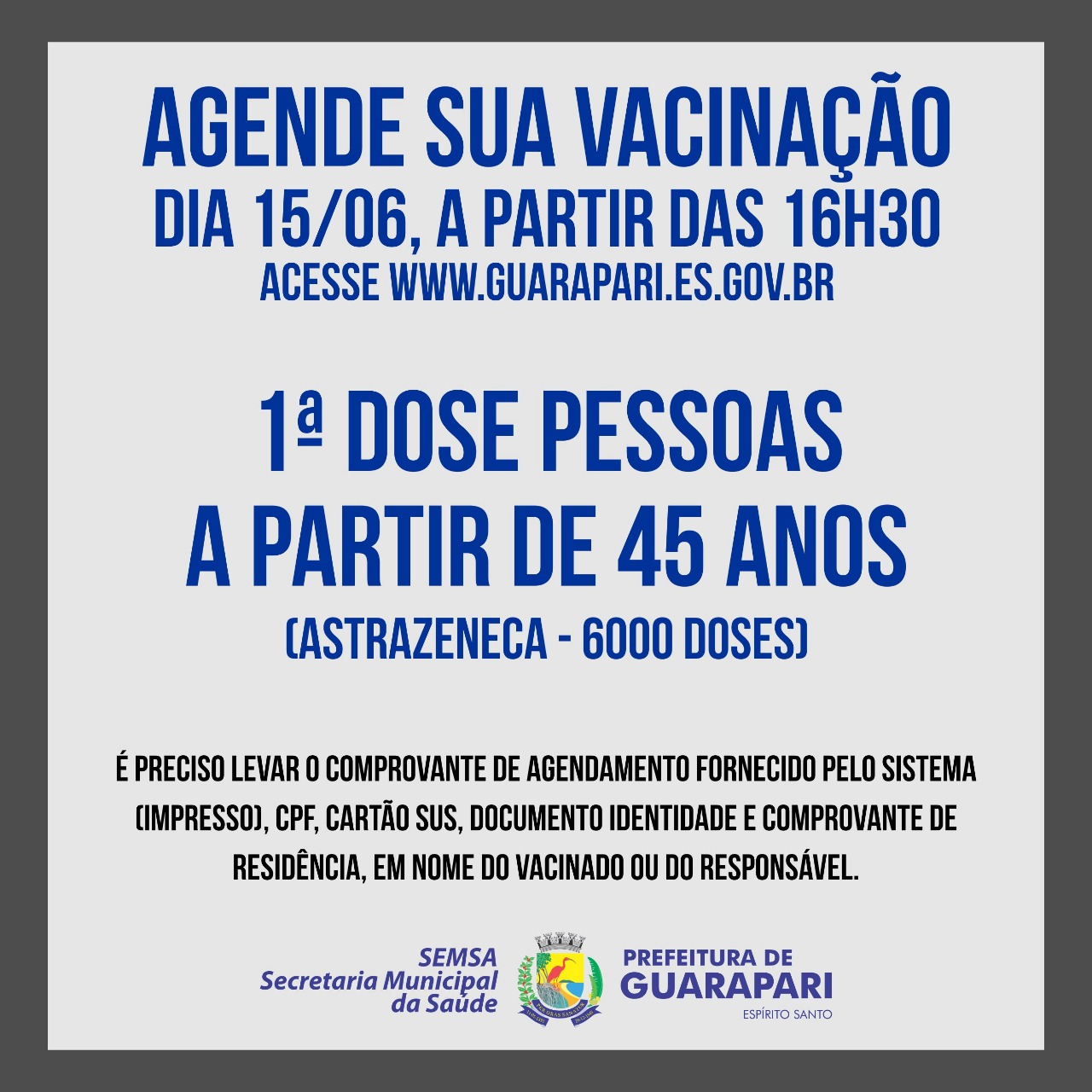 Prefeitura abre agendamento para pessoas acima de 45 anos nesta terça