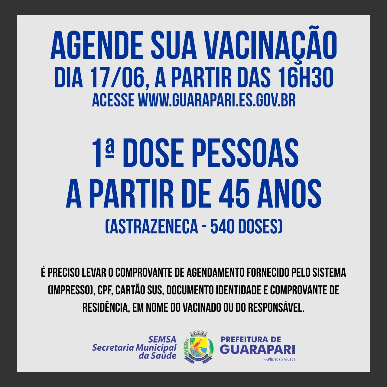 Prefeitura abre novo agendamento para pessoas acima de 45 anos nesta quinta