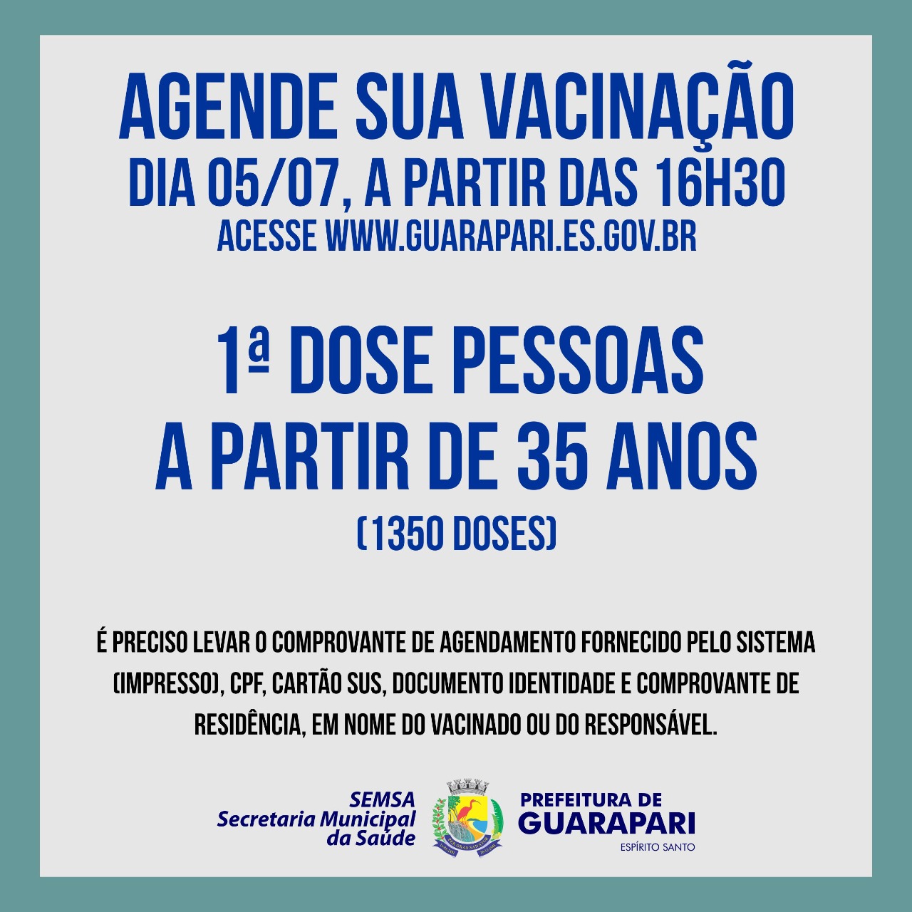 Prefeitura de Guarapari abre novo agendamento para pessoas acima de 35 anos