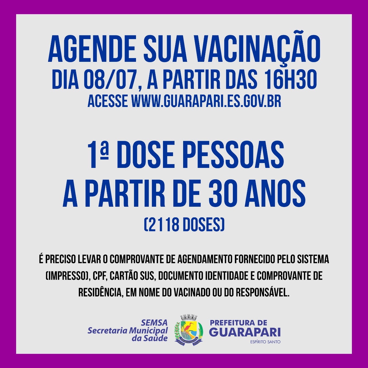 Prefeitura de Guarapari abre primeiro agendamento para pessoas acima de 30 anos