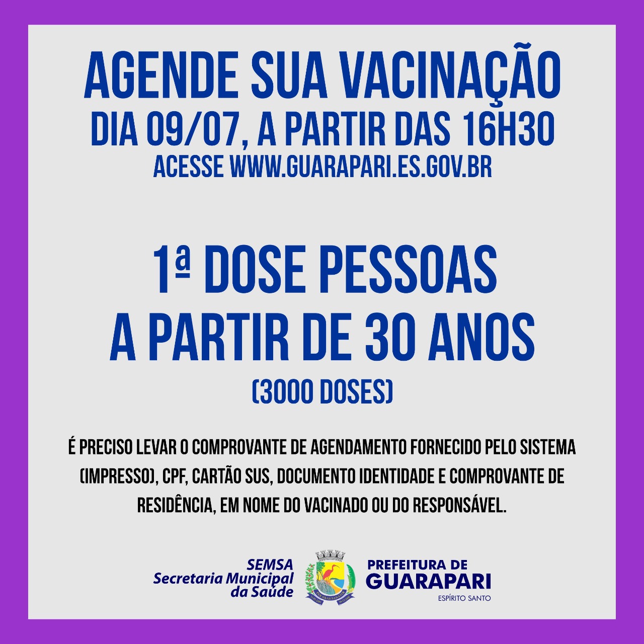  Prefeitura de Guarapari abre segundo agendamento para pessoas acima de 30 anos 