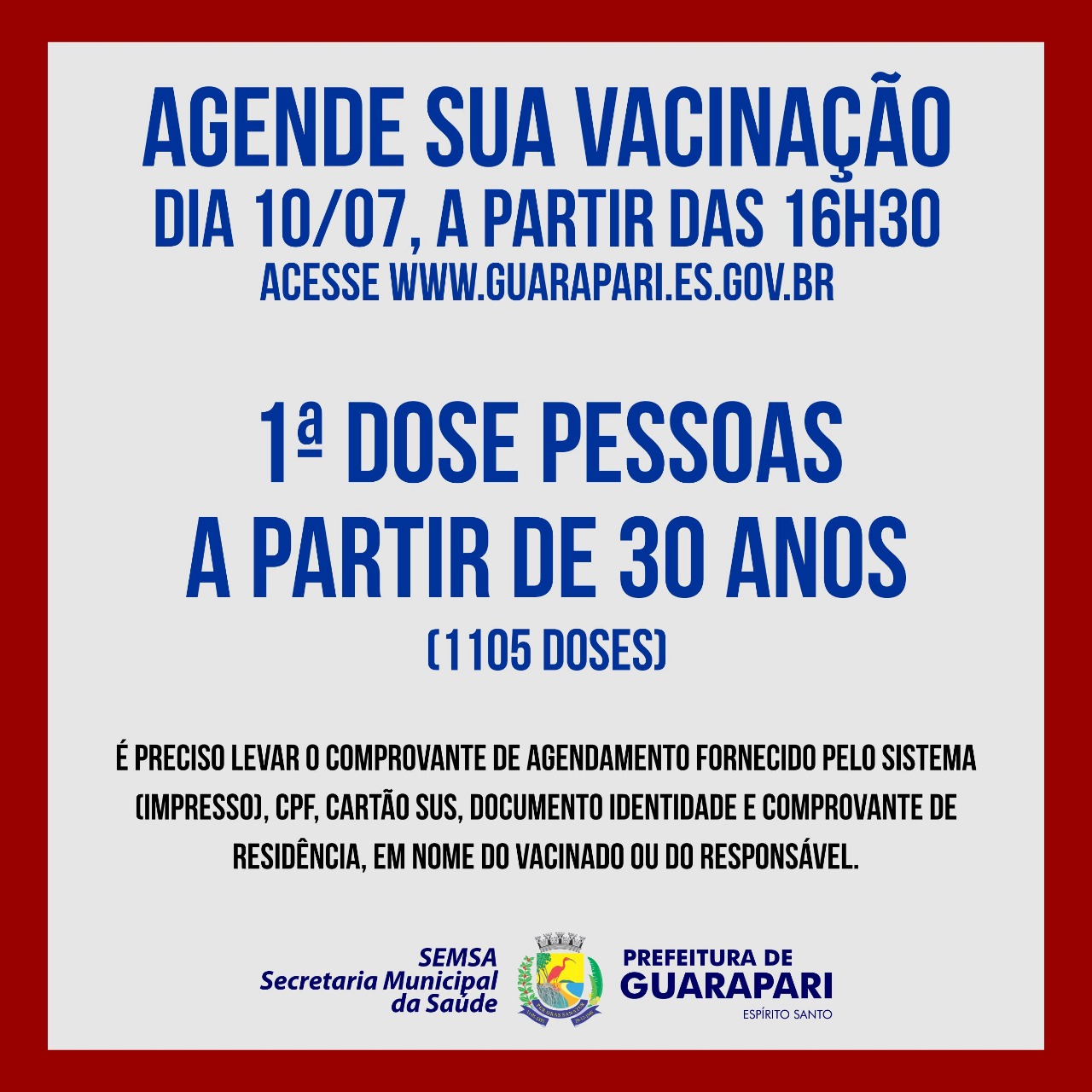 Prefeitura de Guarapari abre terceiro agendamento para pessoas acima de 30 anos 