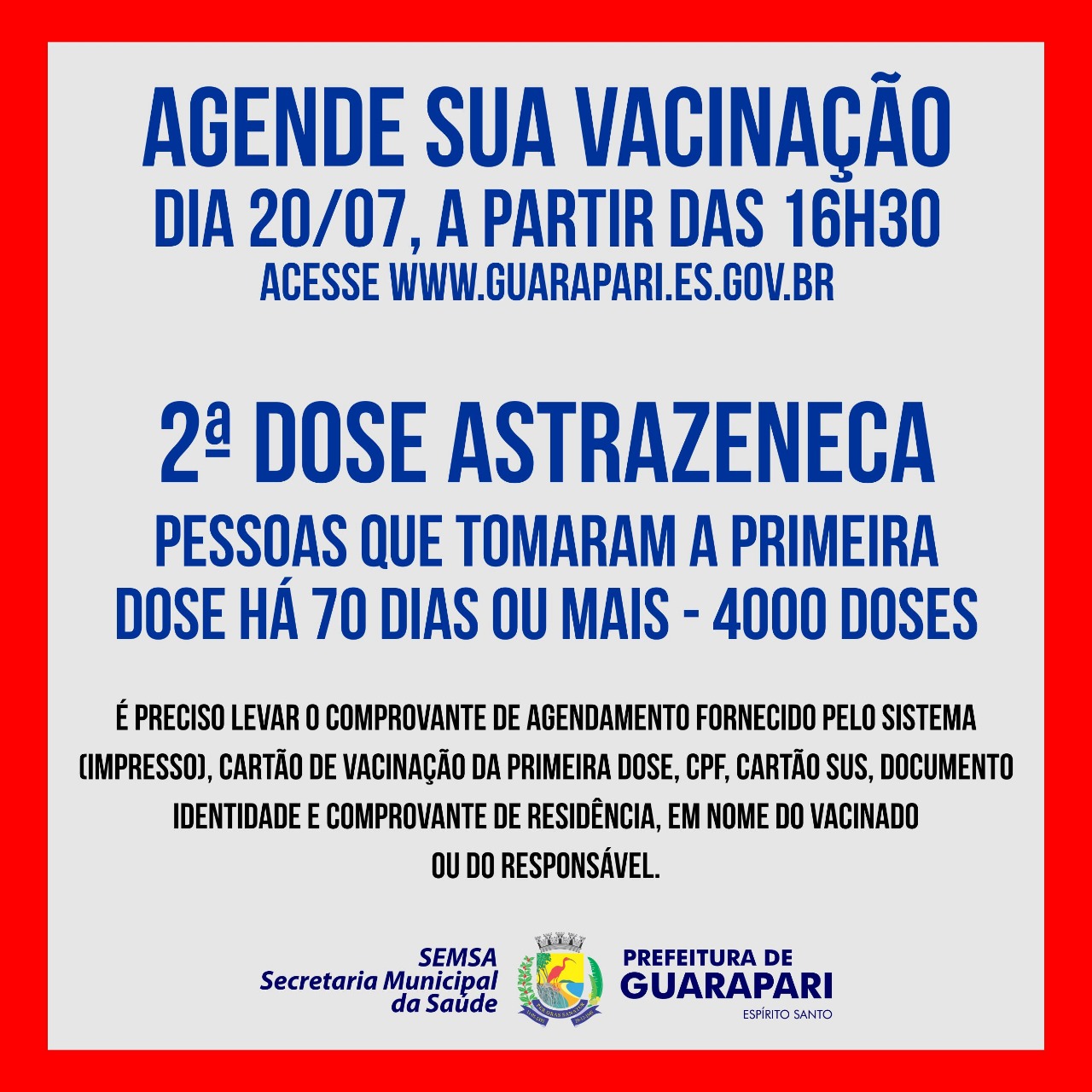 Prefeitura de Guarapari realiza agendamento para segunda dose de AstraZeneca nesta terça-feira 
