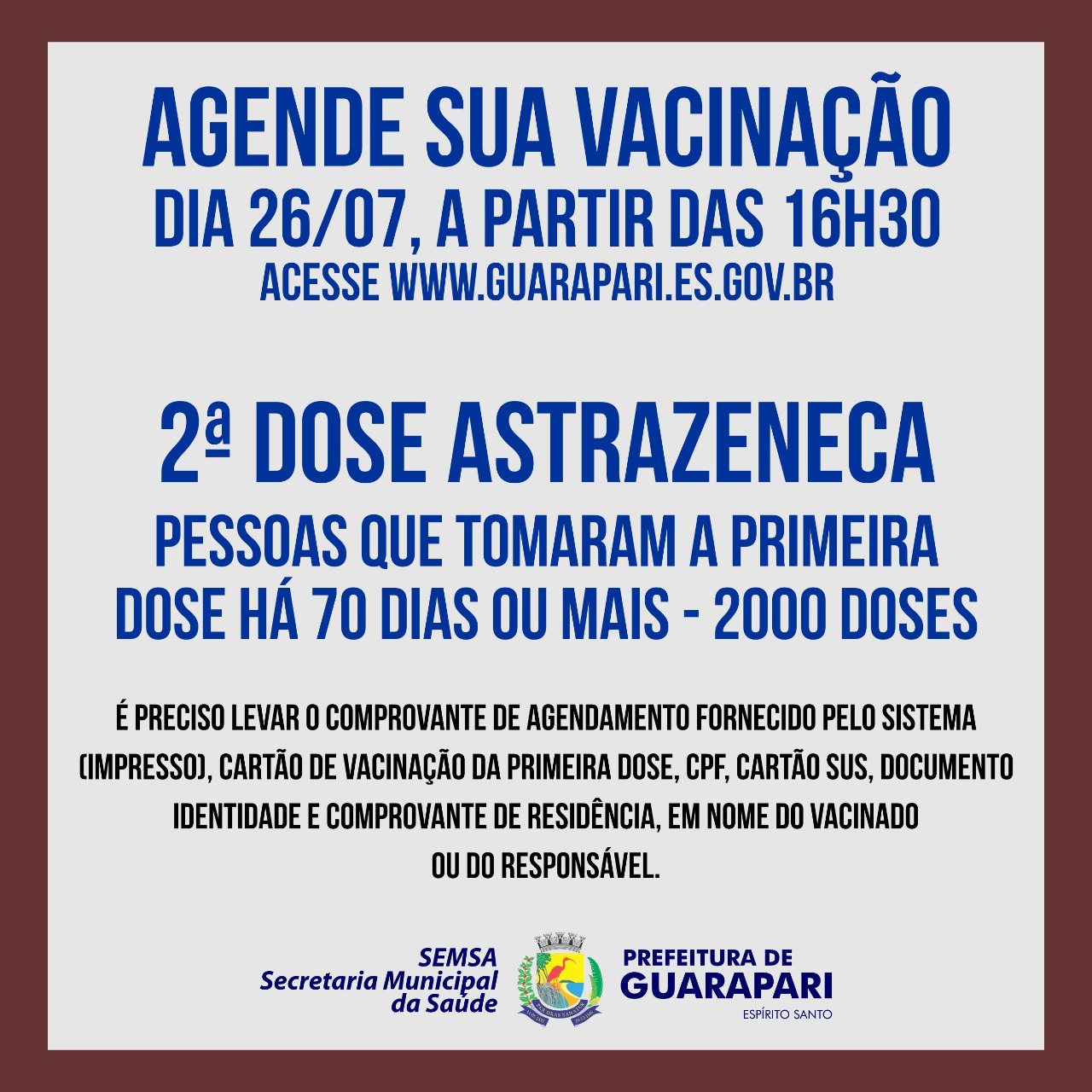 Vacinação Covid-19: Guarapari novo agendamento para público de segunda dose da AstraZeneca