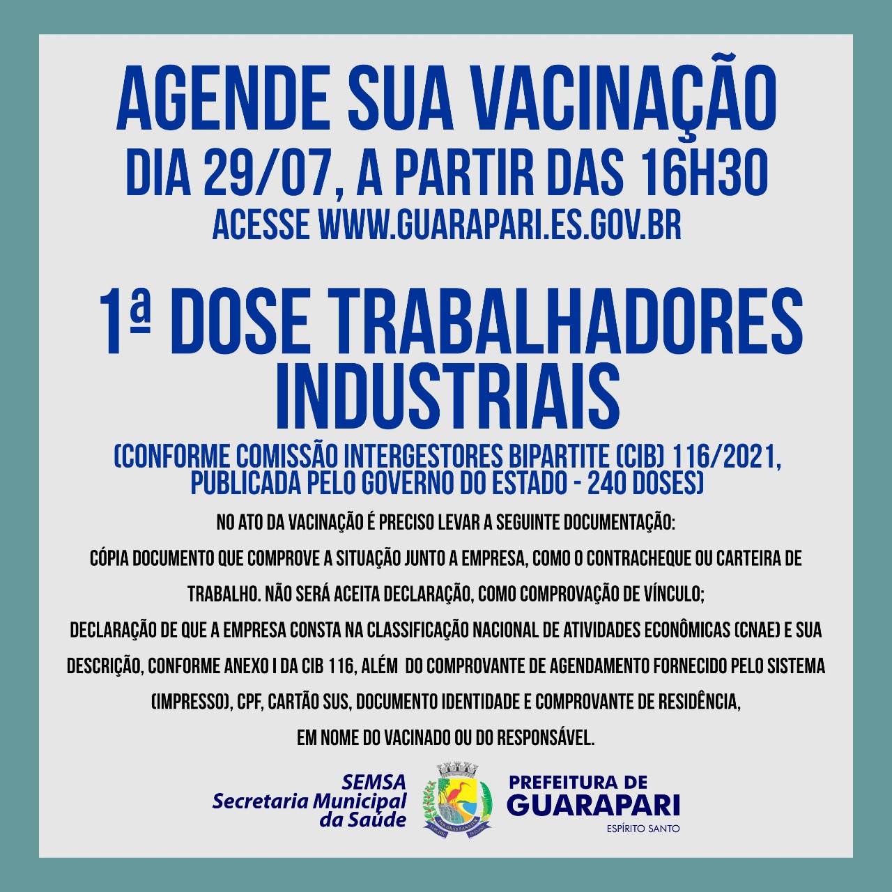 Covid-19: Prefeitura de Guarapari abre agendamento para vacinação de trabalhadores industriais 