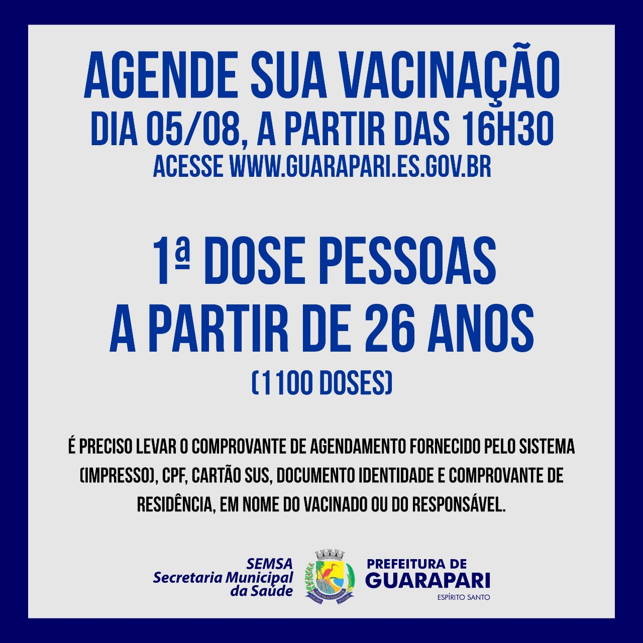 Prefeitura de Guarapari abre primeiro agendamento para público acima de 26 anos 