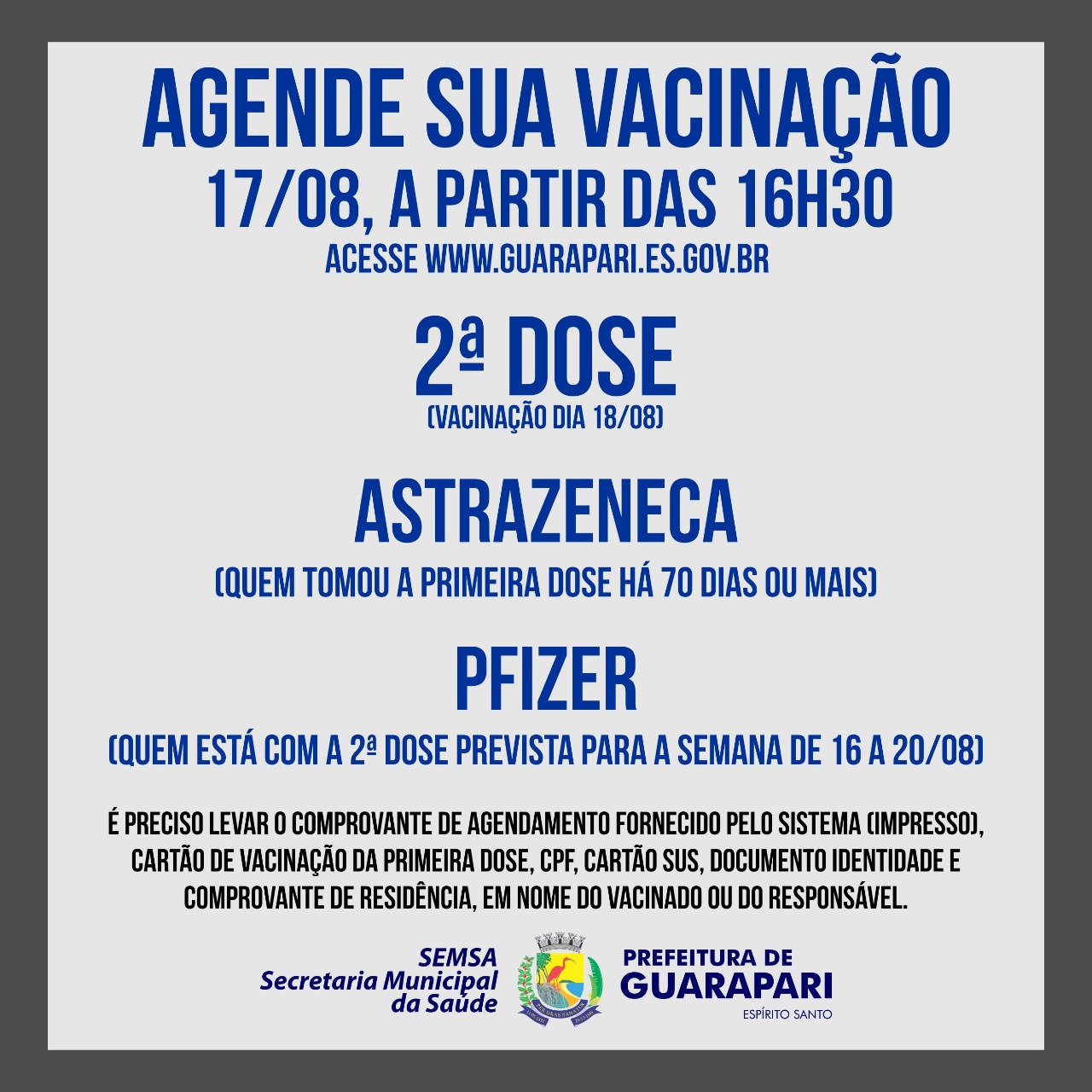 Prefeitura de Guarapari abre agendamento para segunda dose da Astrazeneca e da Pfizer