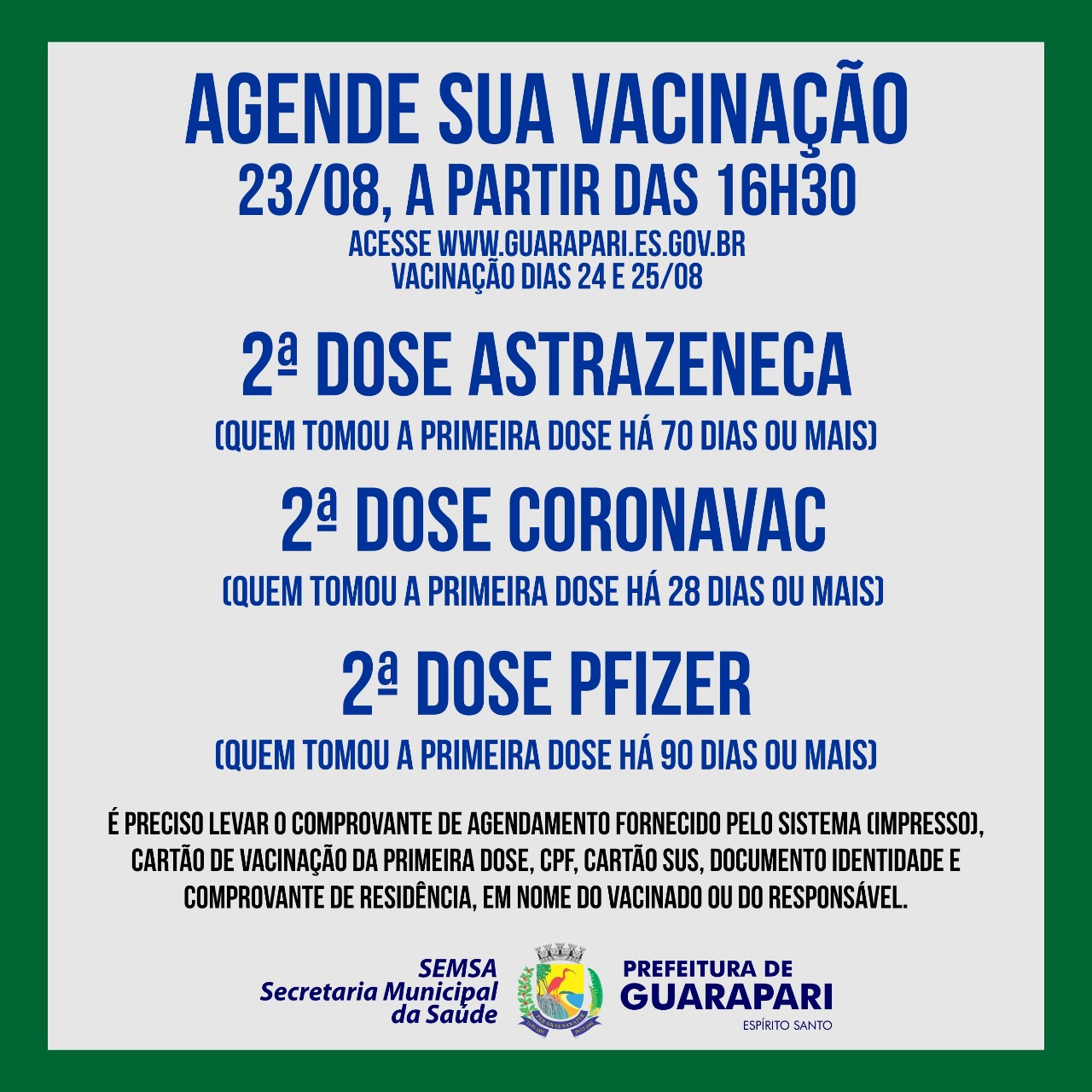 Prefeitura abre agendamento para segunda dose de AstraZeneca, Pfizer e Coronavac