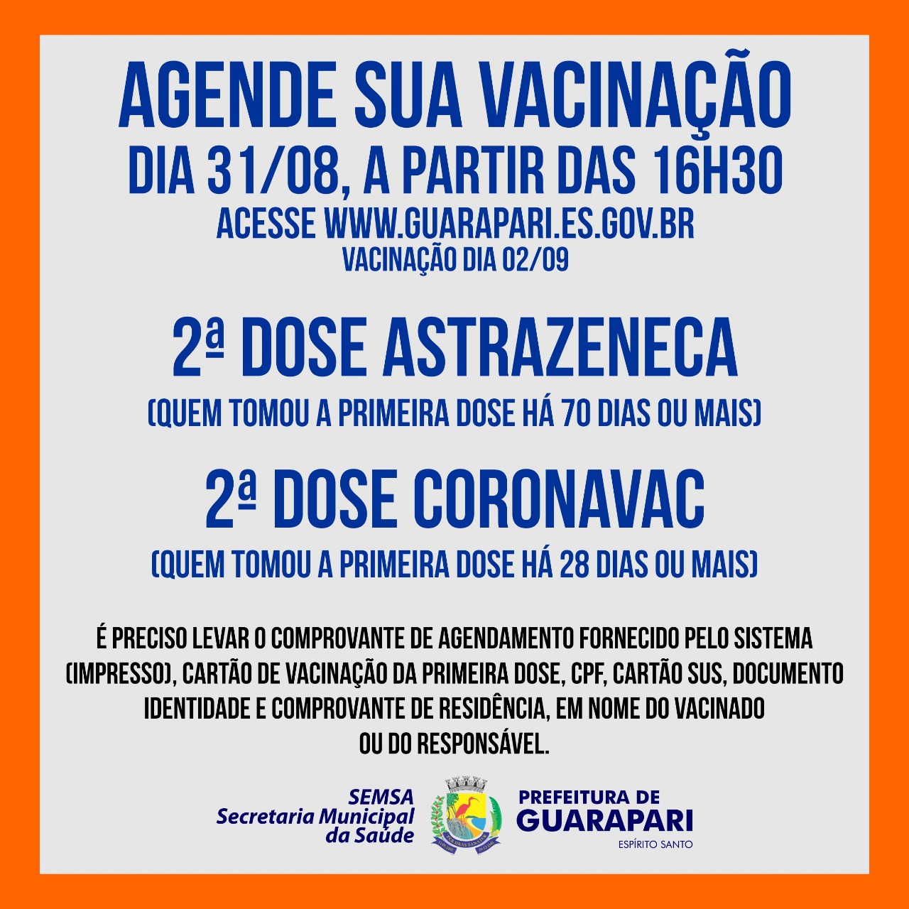 Guarapari abre novo agendamento para segunda dose para quem precisa tomar AstraZeneca ou Coronavac
