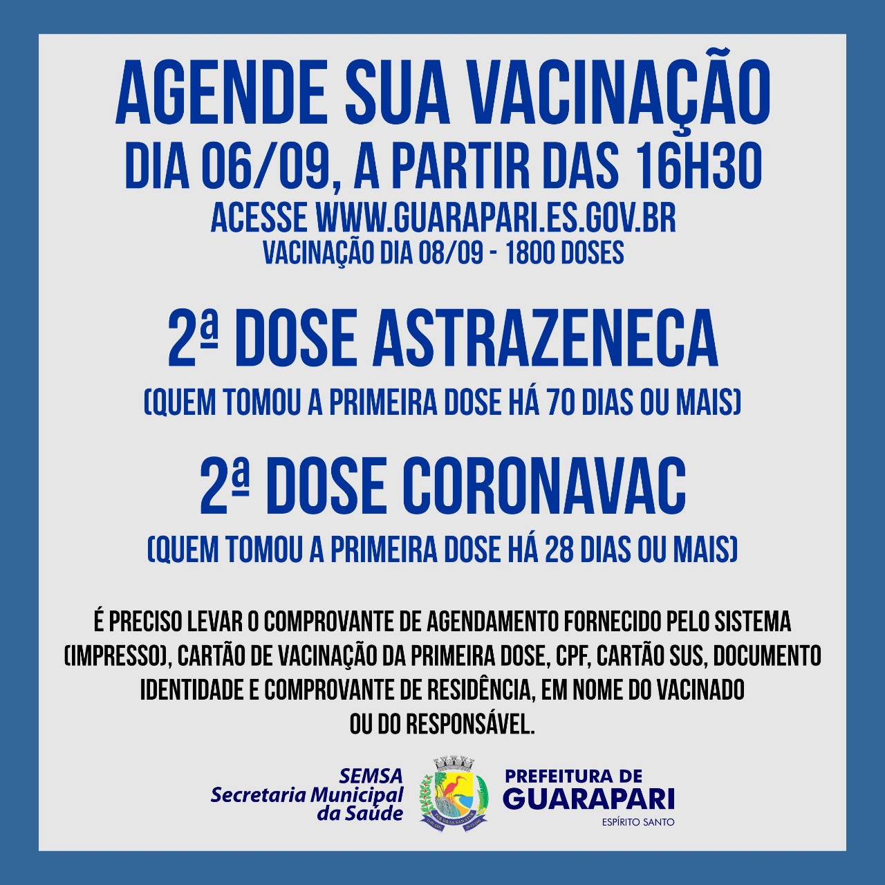 Guarapari abre mais um agendamento para aplicação de segunda dose - AstraZeneca e Coronavac