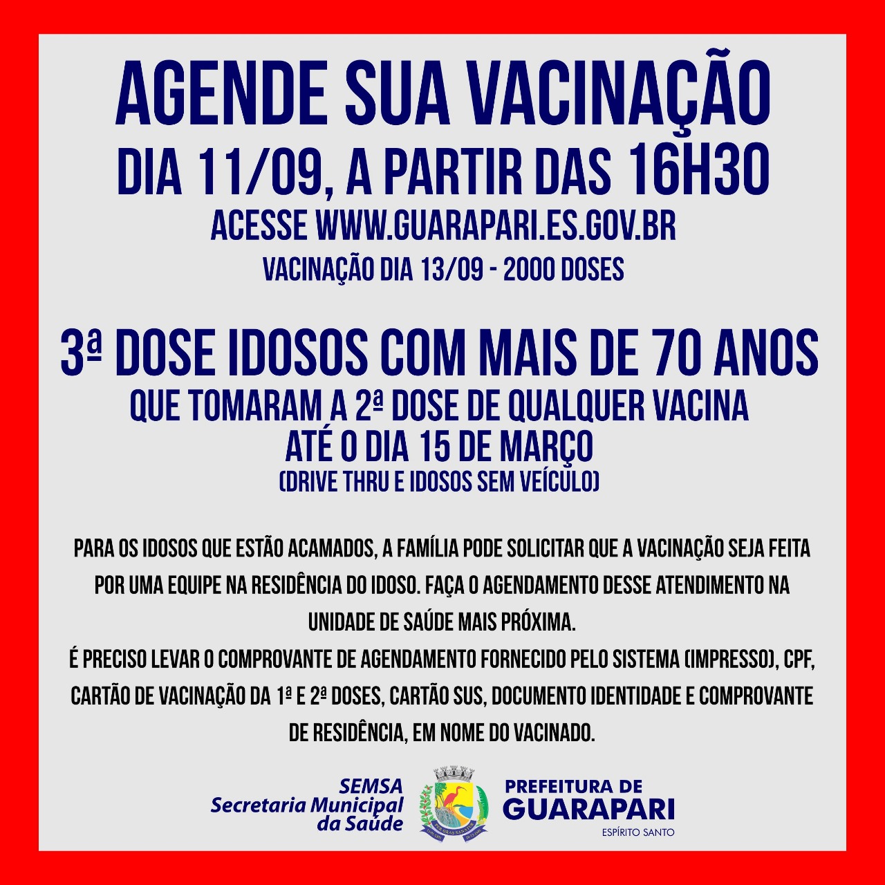 Vacinação Covid-19: Guarapari abre primeiro agendamento para terceira dose