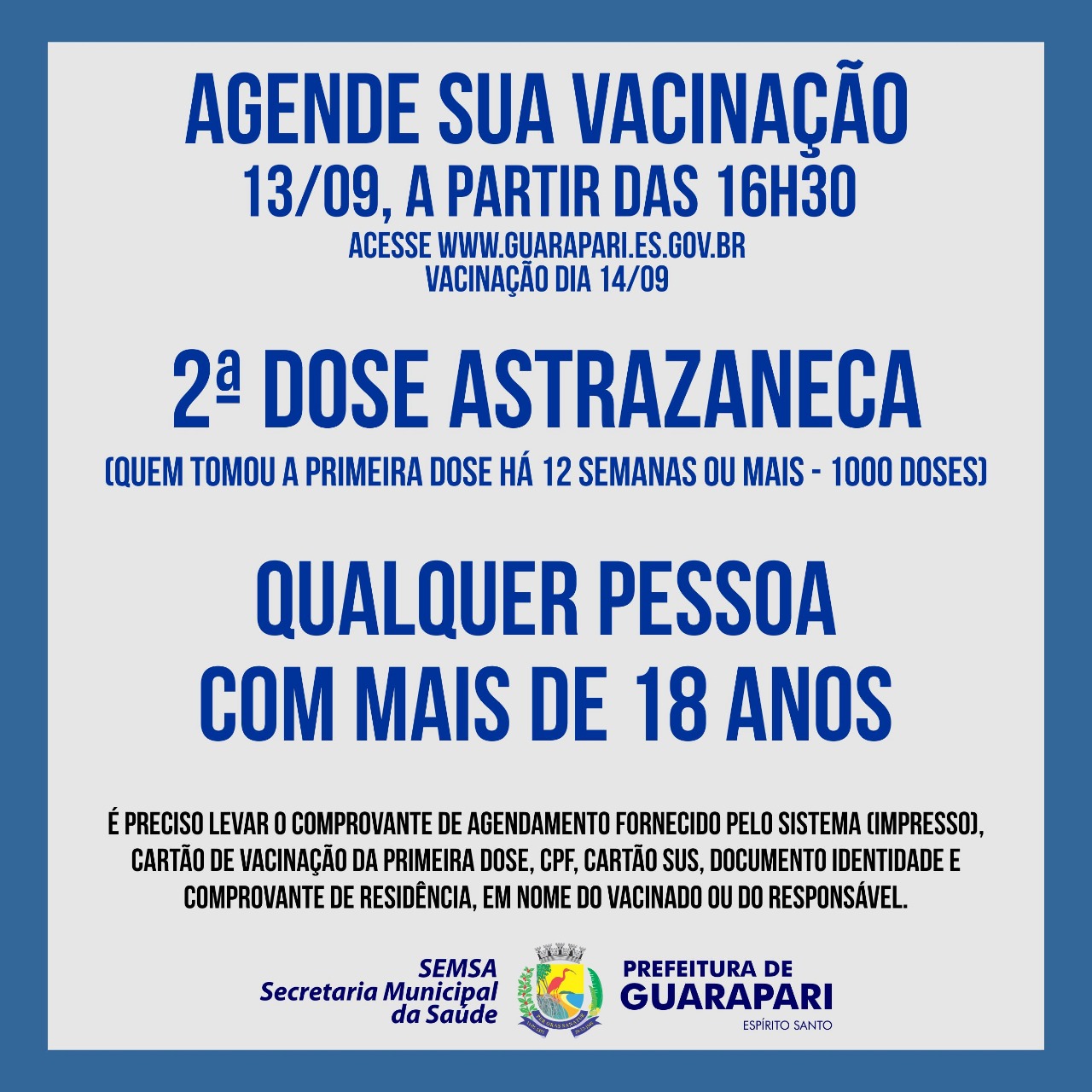 Guarapari abre agendamento exclusivo para quem está com mais de 12 semana de atraso na segunda dose da vacina AstraZeneca