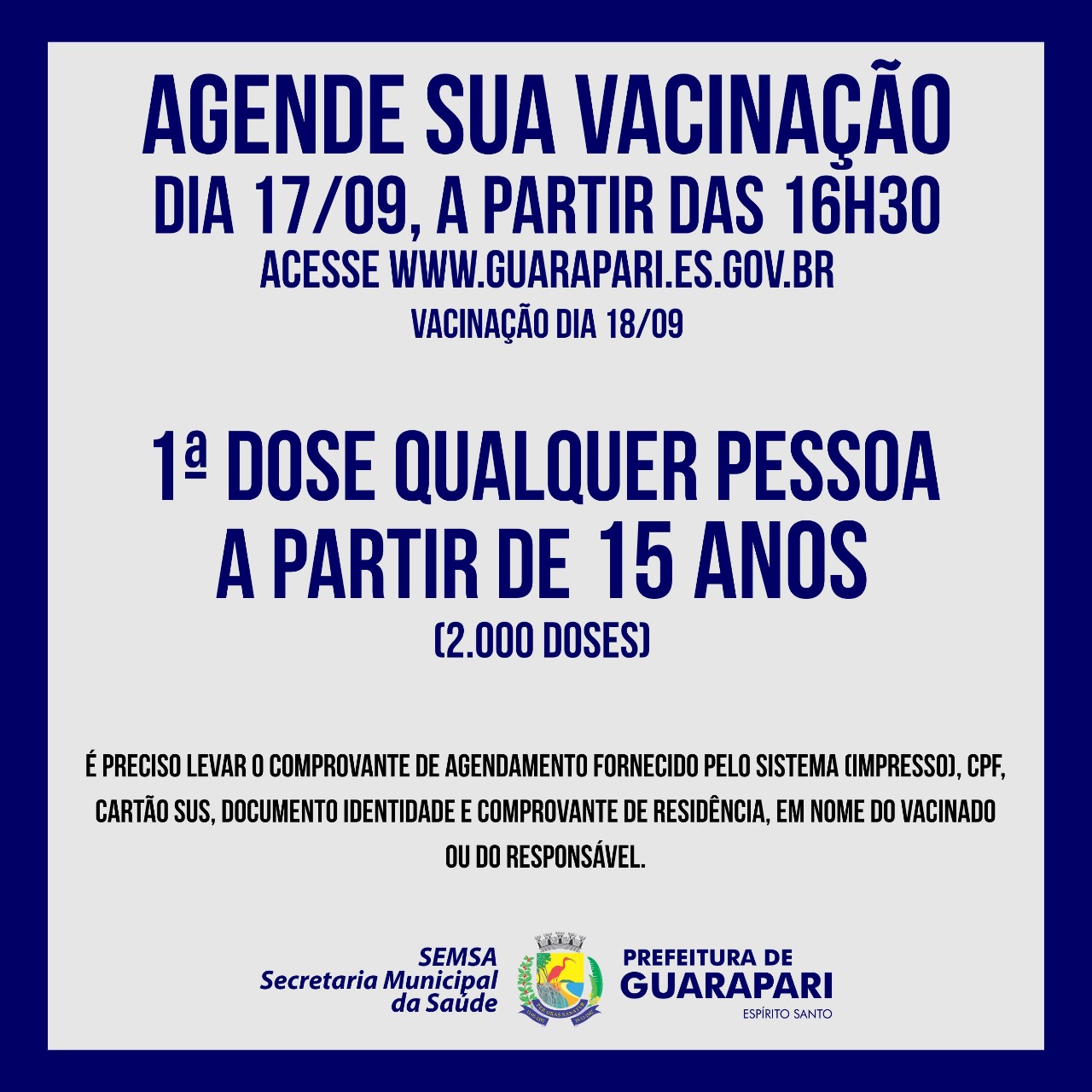 Vacinação Covid-19: Prefeitura de Guarapari abre agendamento para pessoas com 15 anos ou mais 