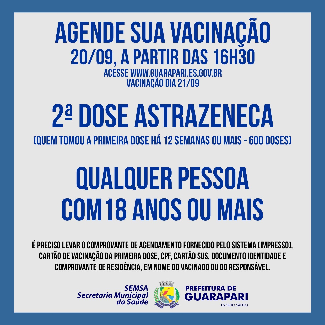 Nesta segunda tem agendamento para segunda dose de AstraZeneca em Guarapari 