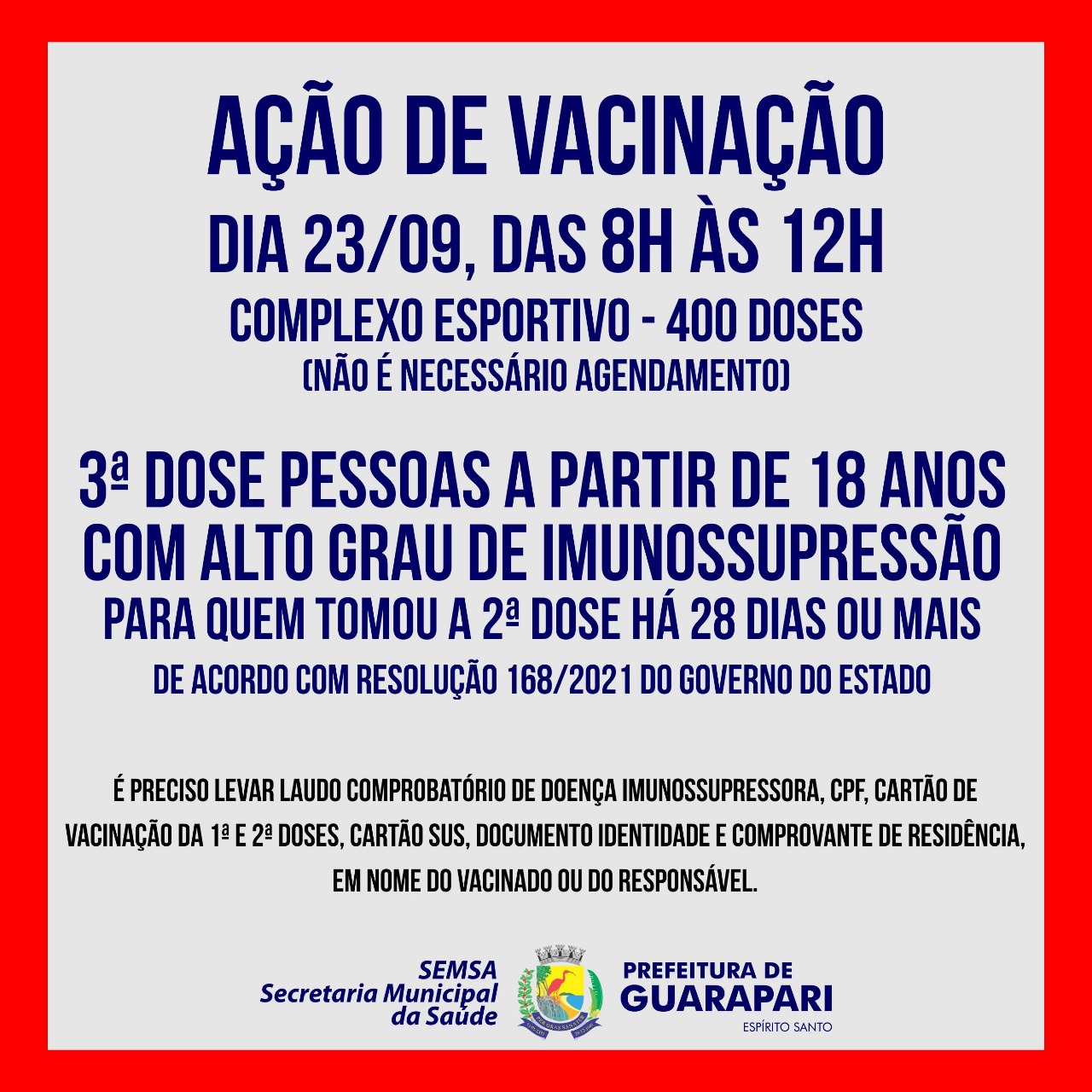 Guarapari realiza ação de vacinação para pessoas com alto grau de imunossupressão maiores de 18 anos