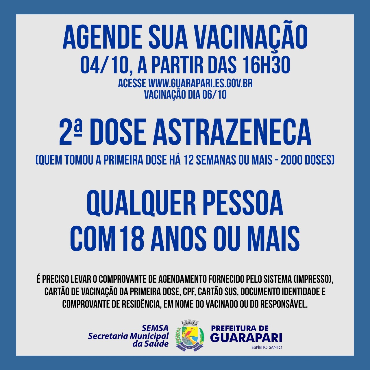 Guarapari abre agendamento para 2ª dose da AstraZeneca nesta segunda-feira