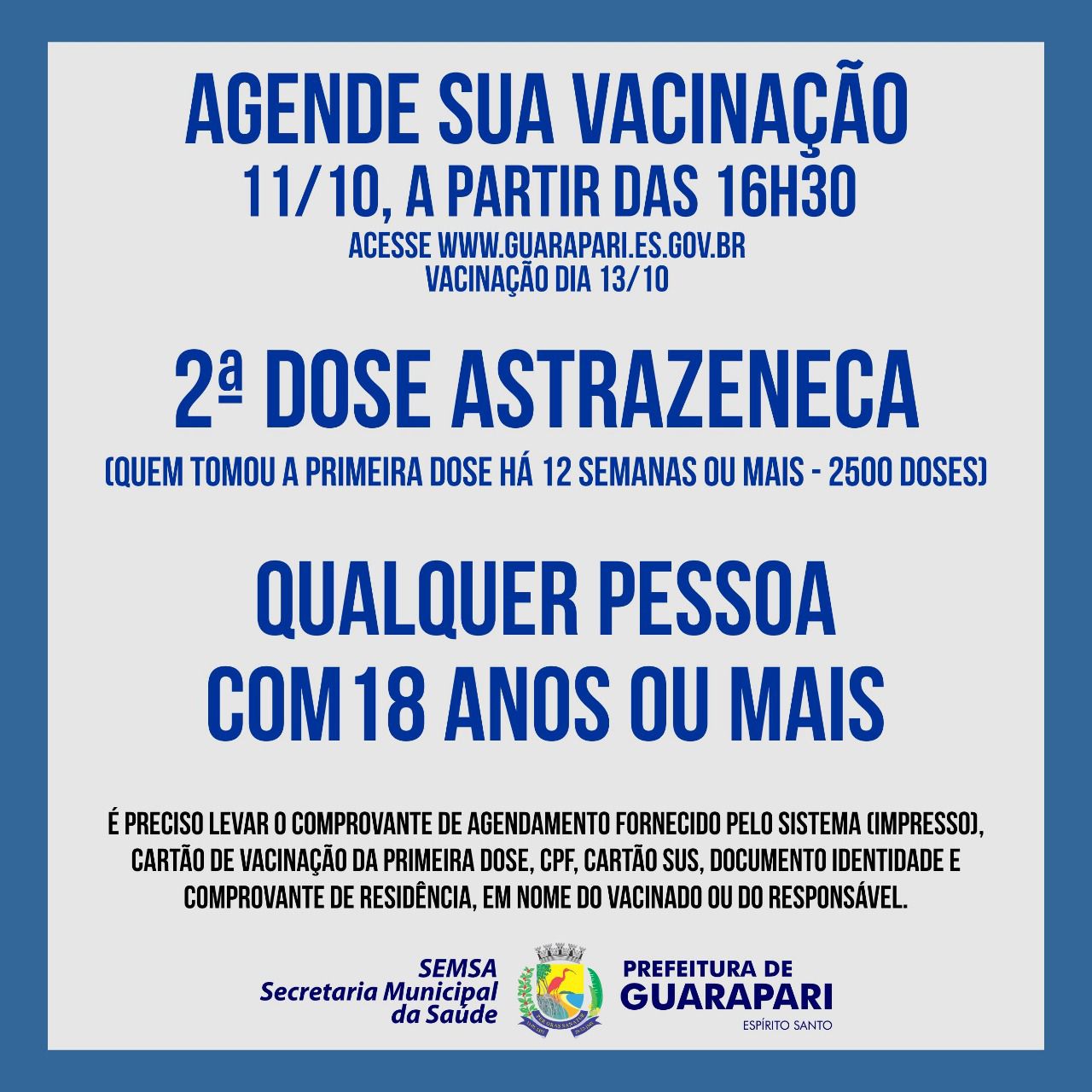 Prefeitura de Guarapari realiza agendamento para D2 de AstraZeneca nesta segunda 