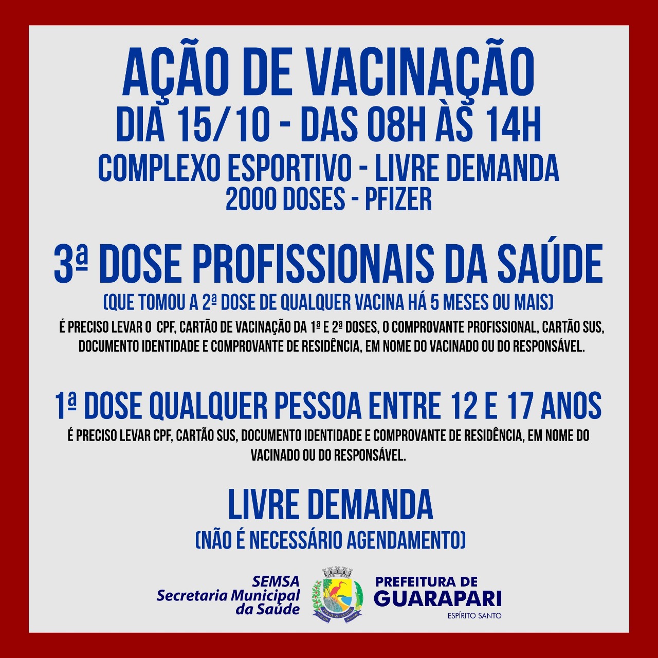 Prefeitura de Guarapari realiza ação de vacinação da primeira dose para jovens e terceira dose para profissionais da saúde 