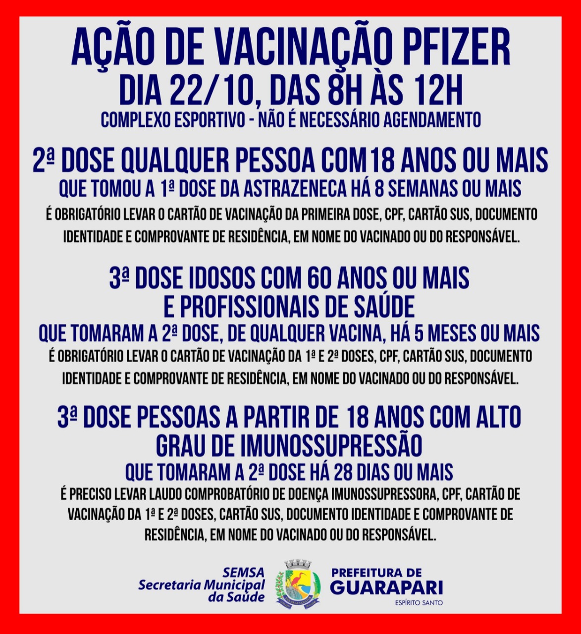 Prefeitura de Guarapari realiza nesta sexta ação de vacinação para D2 e D3