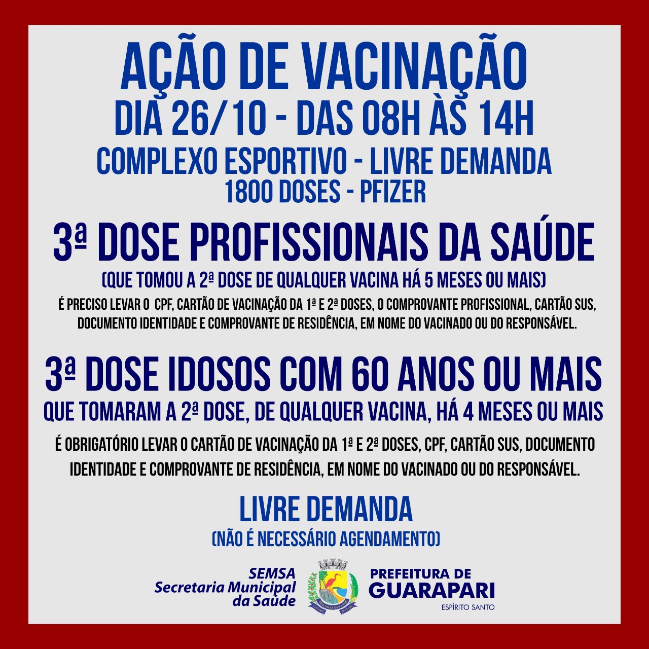 Prefeitura de Guarapari realiza ação de vacinação para terceira dose de profissionais de saúde e idosos 