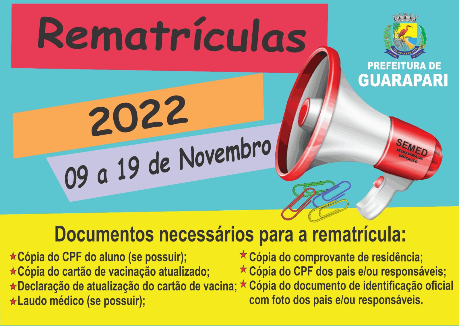 Começa o período de rematrícula e remanejamento da Rede Municipal de Ensino de Guarapari 