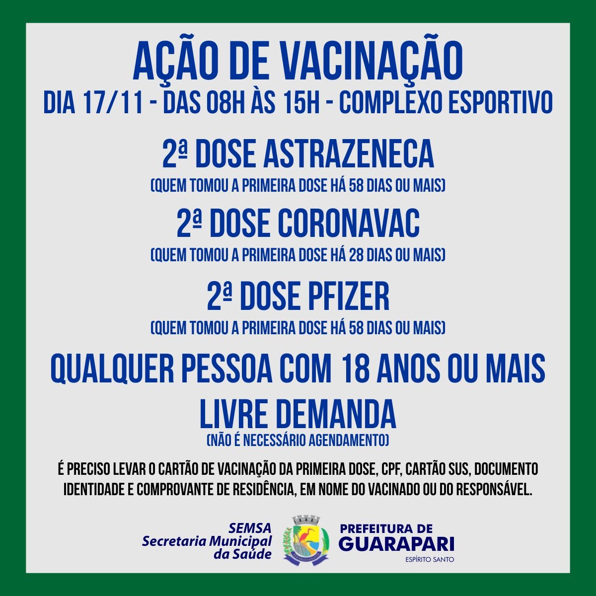 Prefeitura de Guarapari realiza ação sem agendamento para segunda dose da vacina contra a Covid-19
