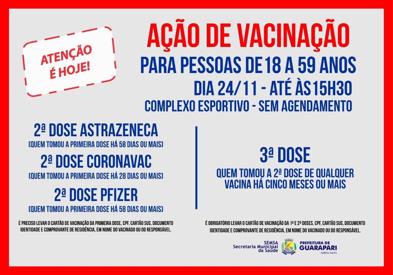 Prefeitura de Guarapari realiza ação de vacinação sem agendamento para segunda e terceira dose