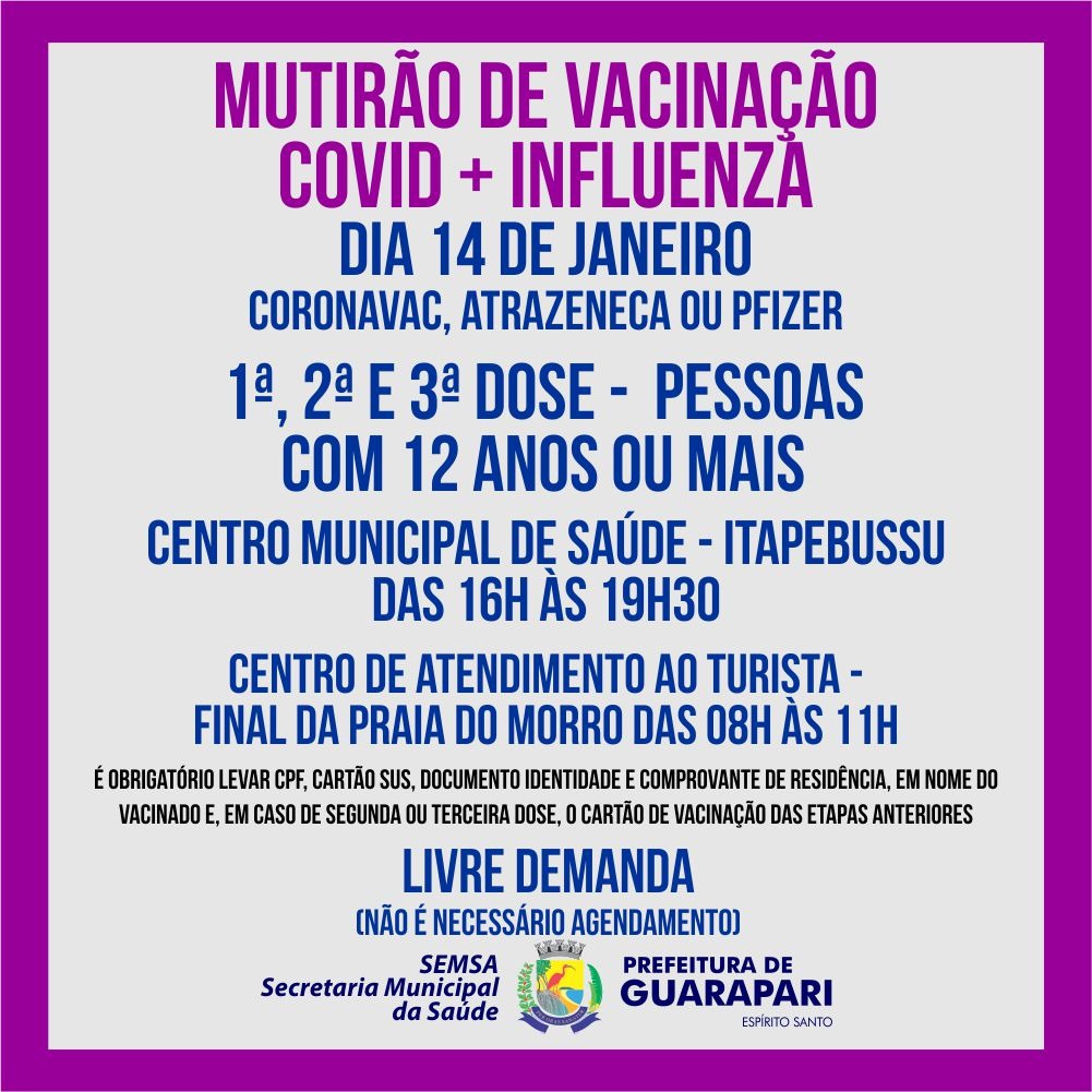 Prefeitura de Guarapari realiza dois mutirões de vacinação nesta sexta