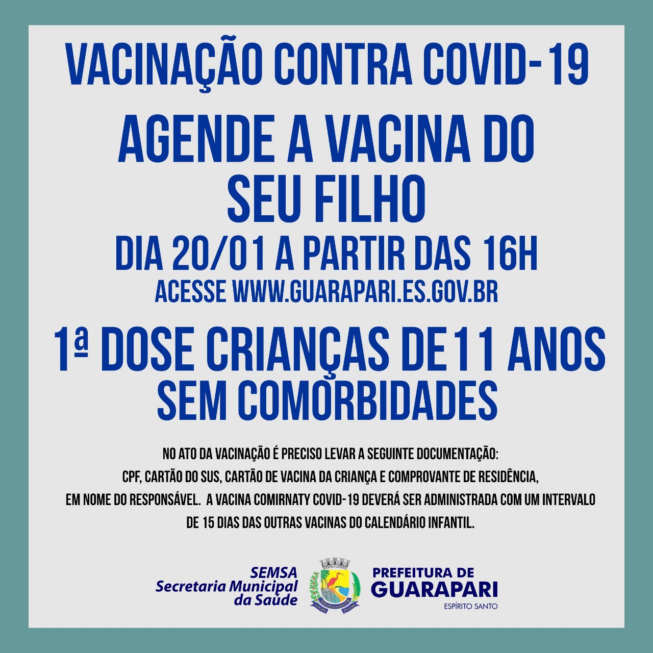 Covid-19: Prefeitura de Guarapari abre agendamento para vacinação de crianças com 11 anos