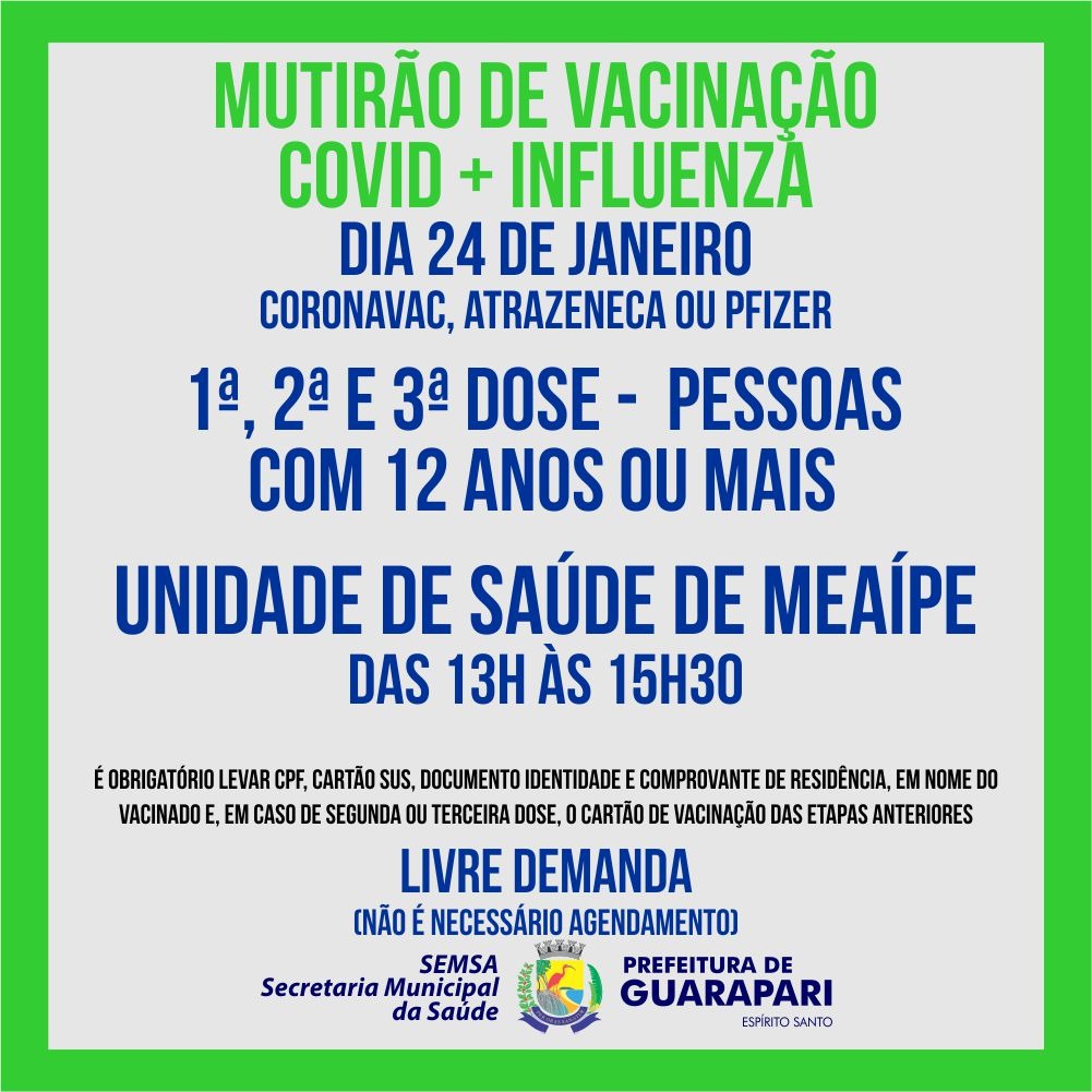 Vacinação Covid-19: Prefeitura realiza ação sem agendamento nesta segunda em Meaípe 