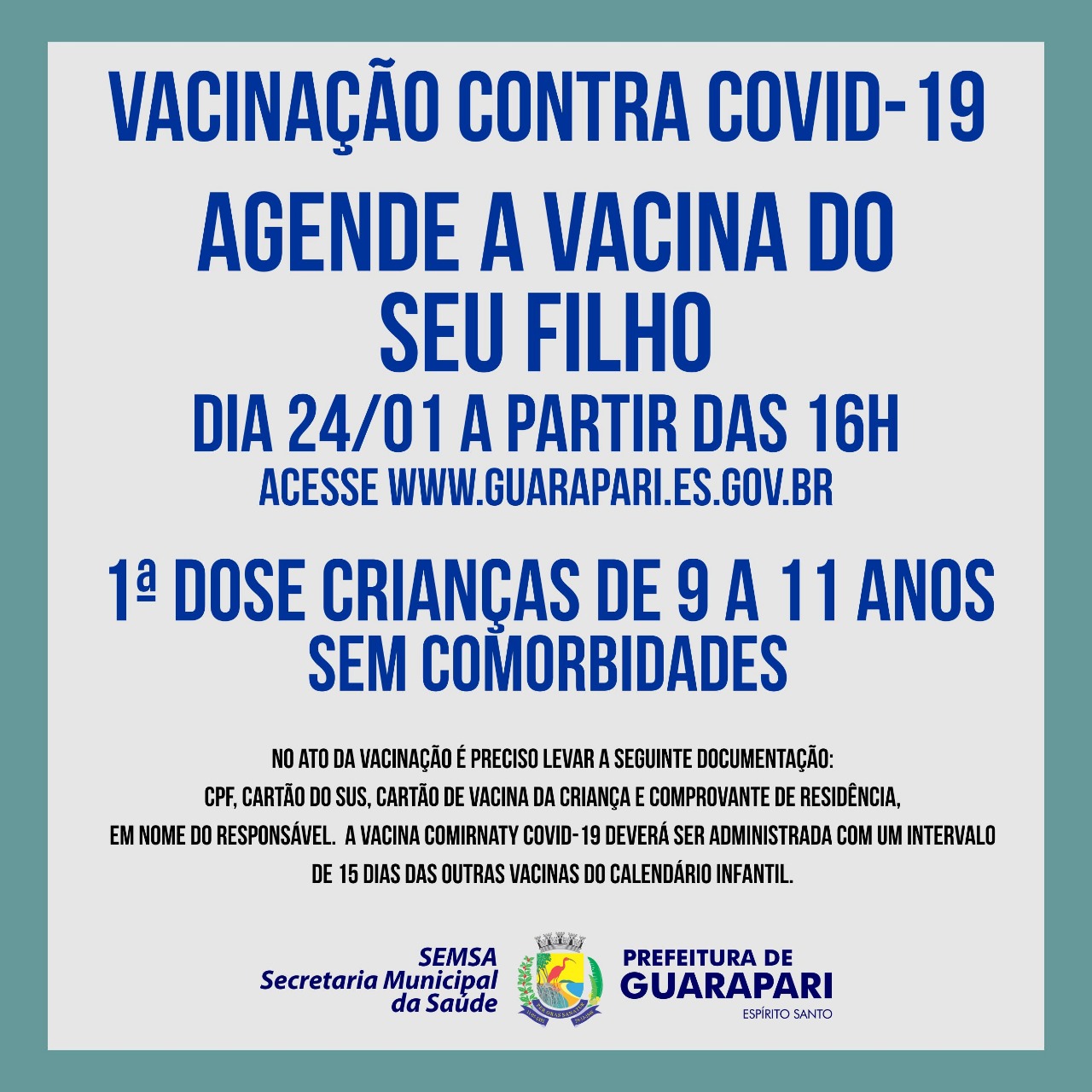 Prefeitura abre mais um agendamento para vacinação de crianças de 09 a 11anos 