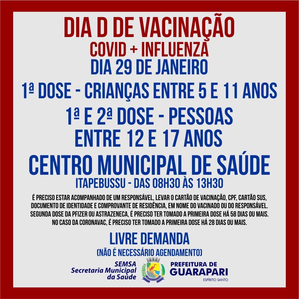 Prefeitura realiza mutirão de vacinação para crianças e adolescentes neste sábado(29).