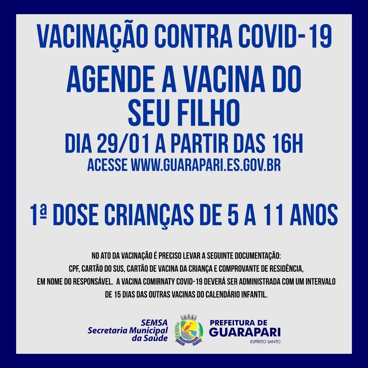 Prefeitura abre dois novos agendamentos neste sábado(29), para vacinação de crianças de 05 a 11 anos 